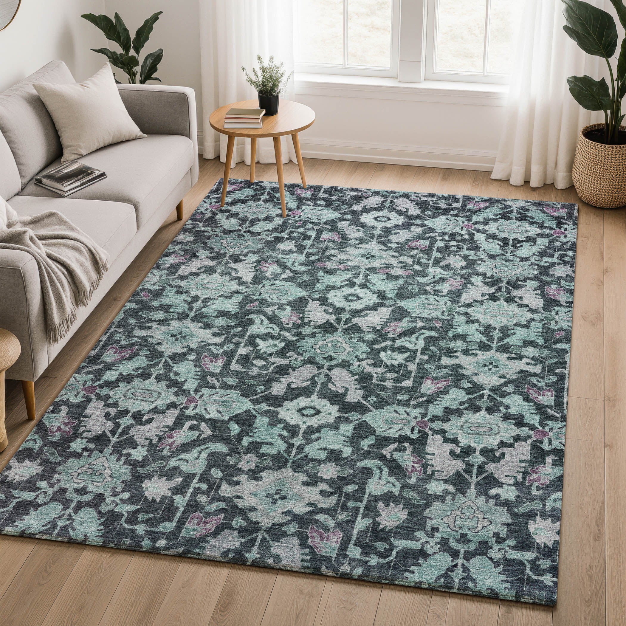 Sarajevo Machine Washable Traditional Teal Rug 3' x 5' #shape_Rectangle