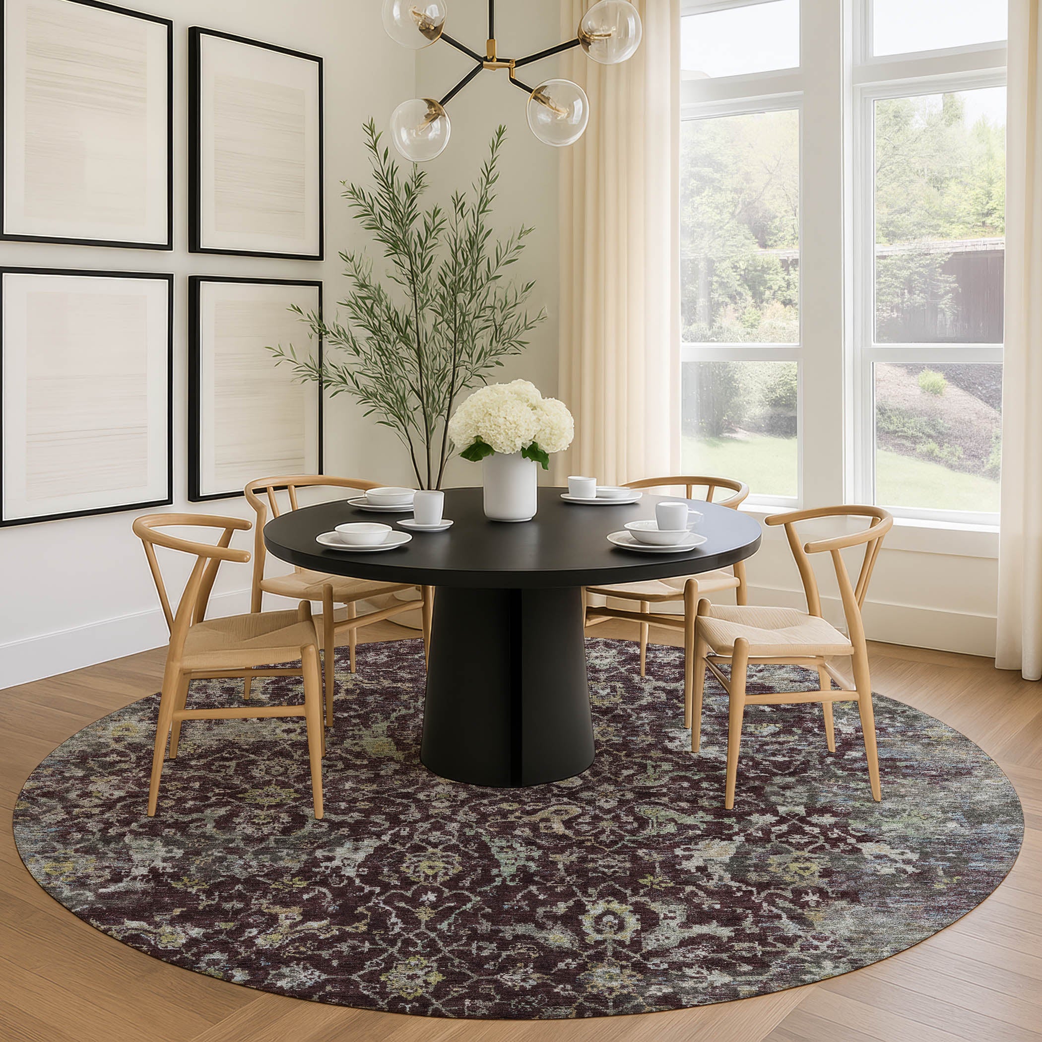 Mdina Machine Washable Transitional Burgundy Red Rug 8' x 8' #shape_Round