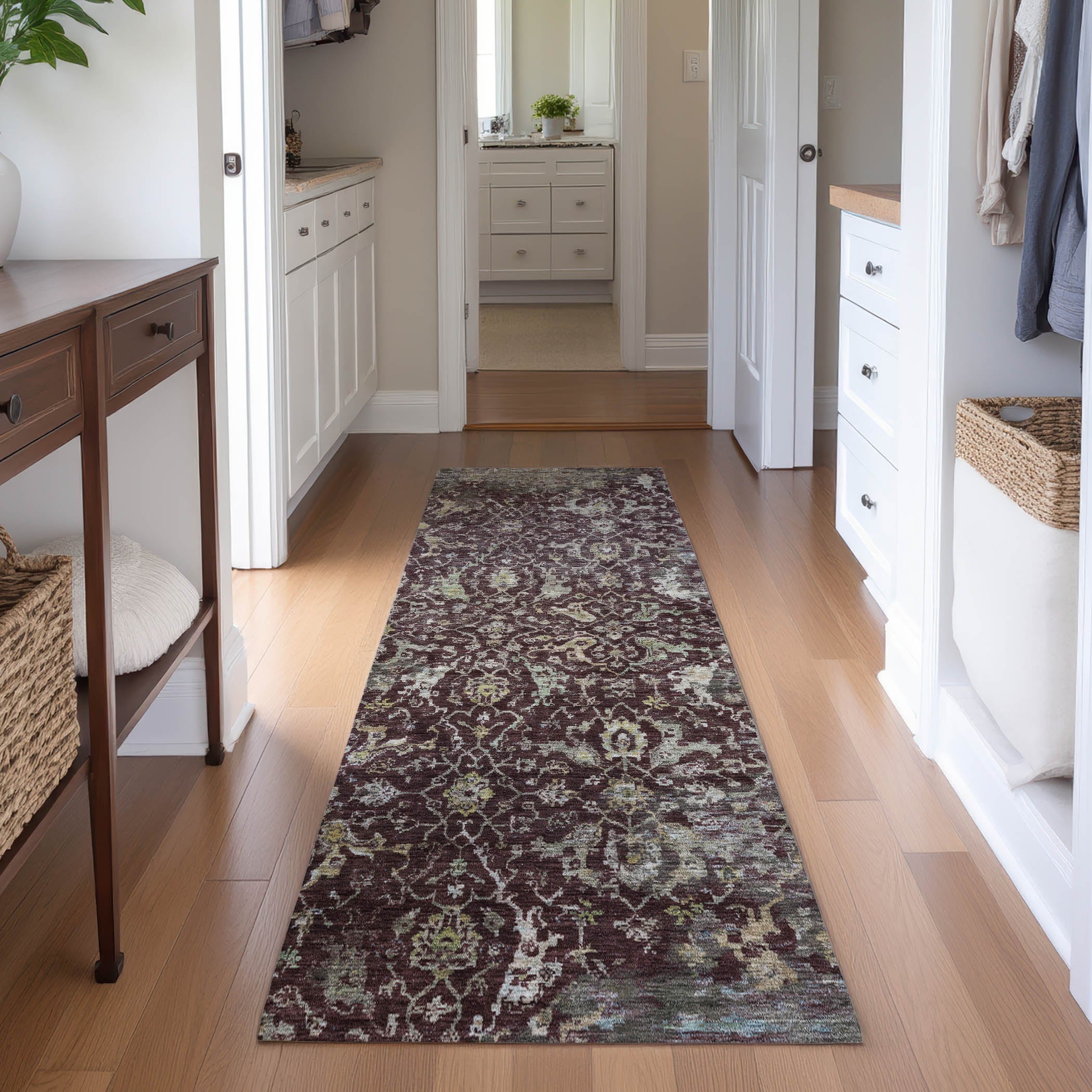 Mdina Machine Washable Transitional Burgundy Red Rug 2'3" x 7'6" #shape_Runner