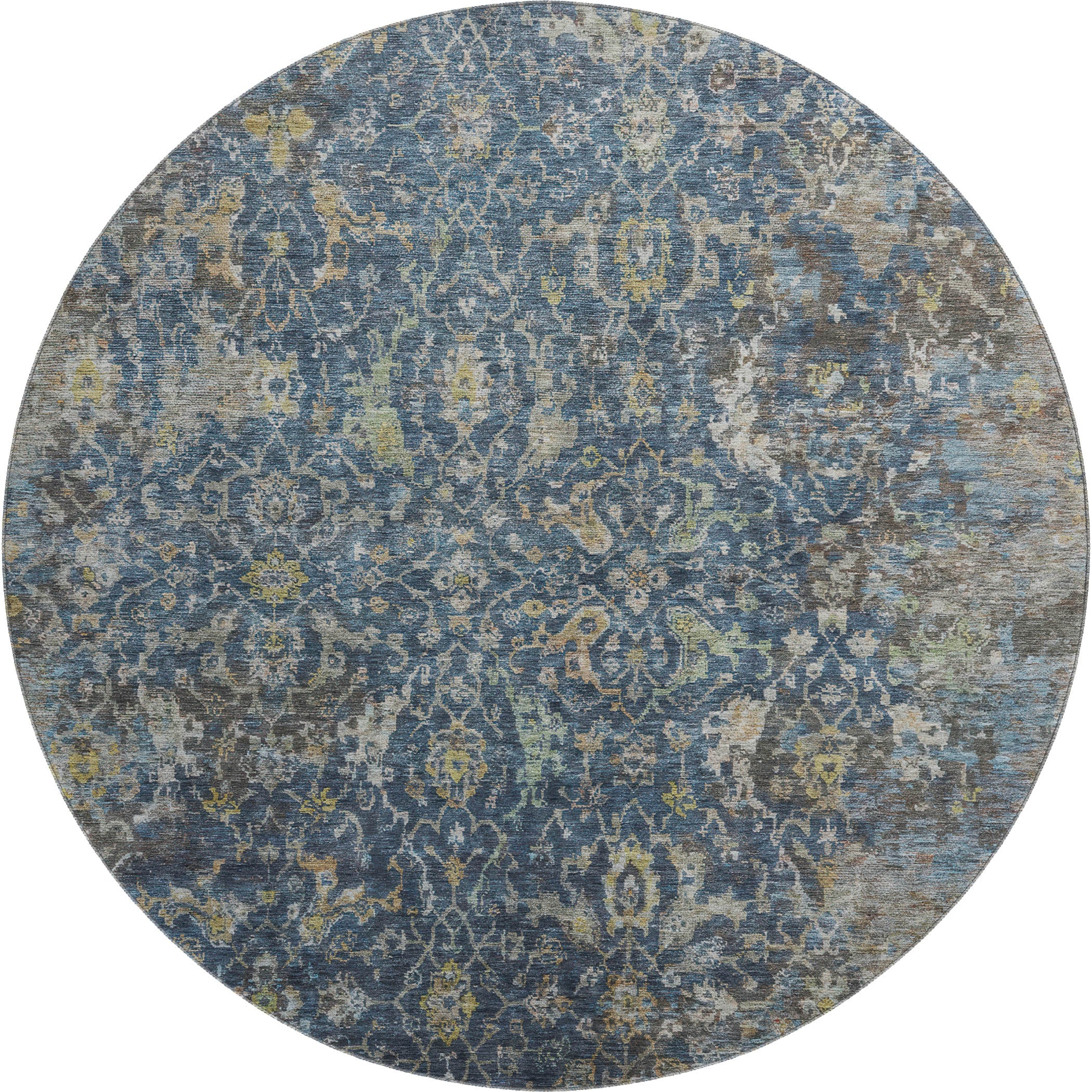 Mdina Machine Washable Transitional Navy Blue Rug 8' x 8' #shape_Round