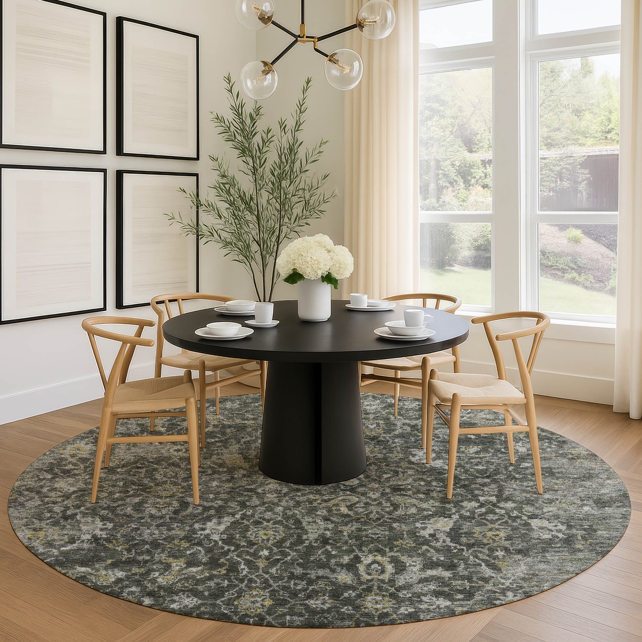 Mdina Machine Washable Transitional Pewter Gray Rug 8' x 8' #shape_Round