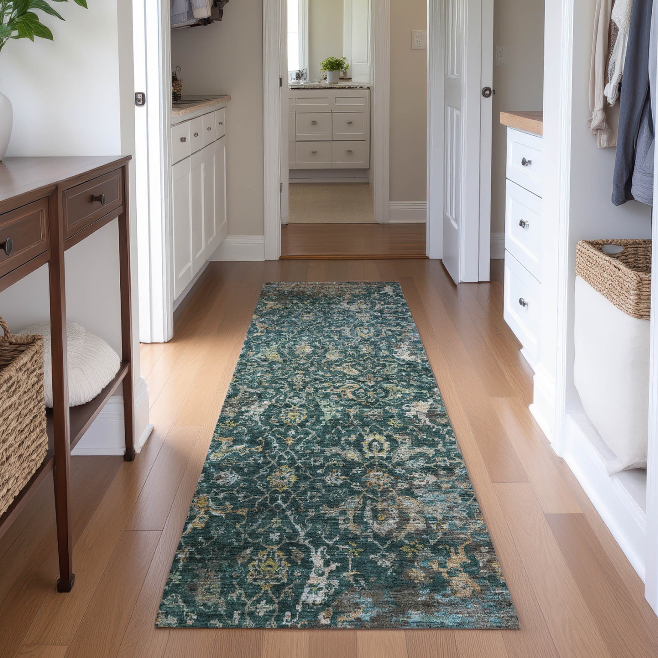 Mdina Machine Washable Transitional Teal Rug 2'3" x 7'6" #shape_Runner