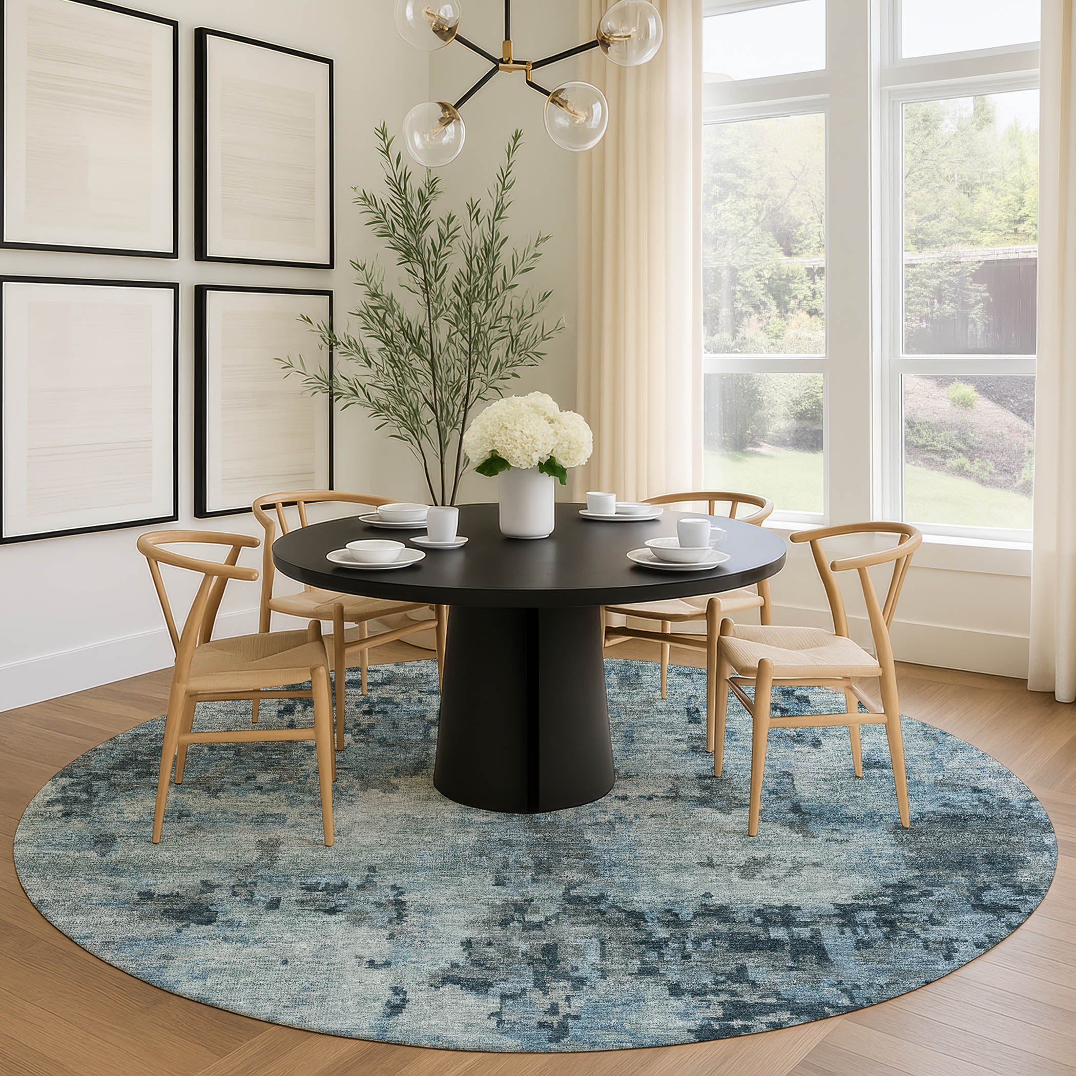 Cairo Machine Washable Transitional Blue Rug 8' x 8' #shape_Round