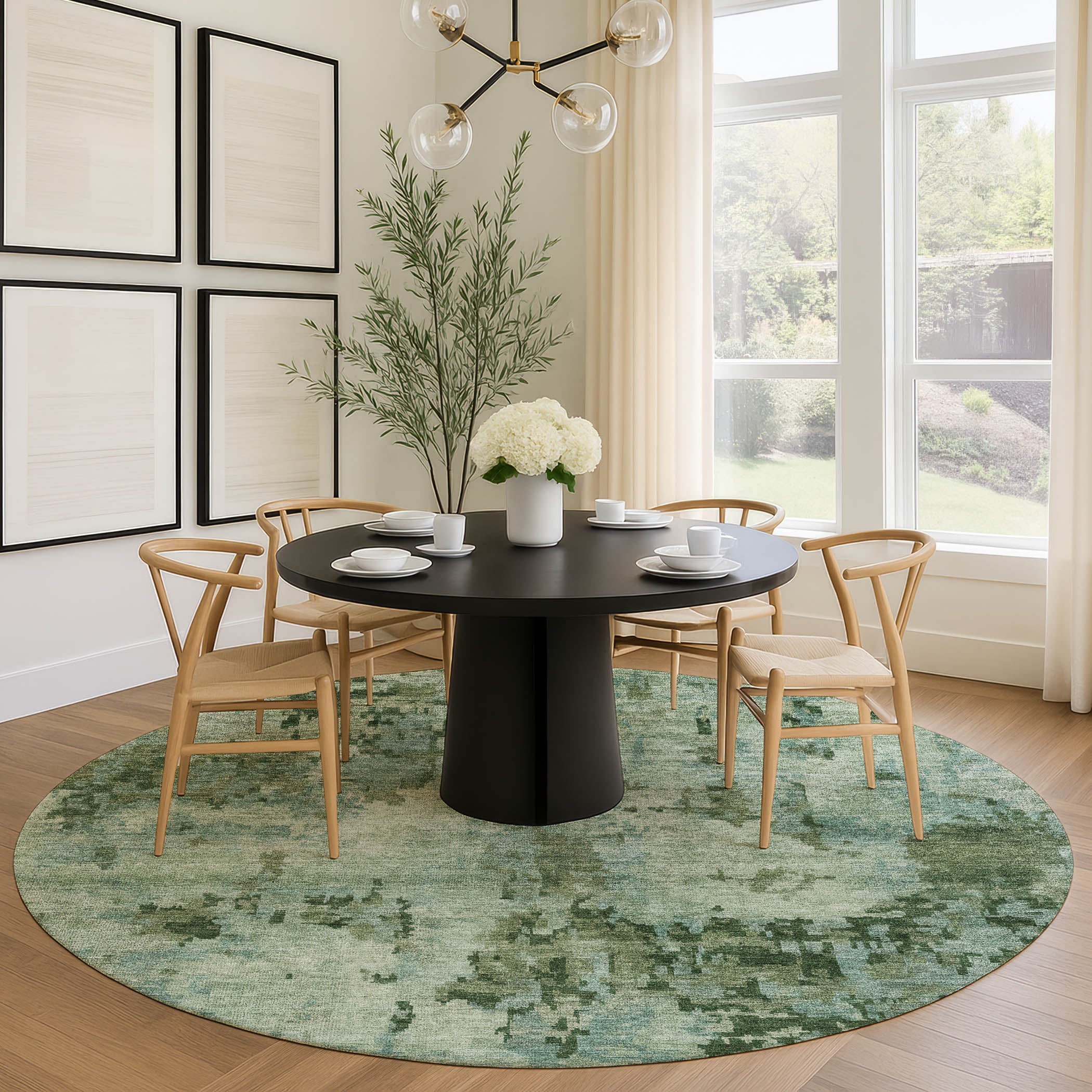 Cairo Machine Washable Transitional Sage Green Rug 8' x 8' #shape_Round