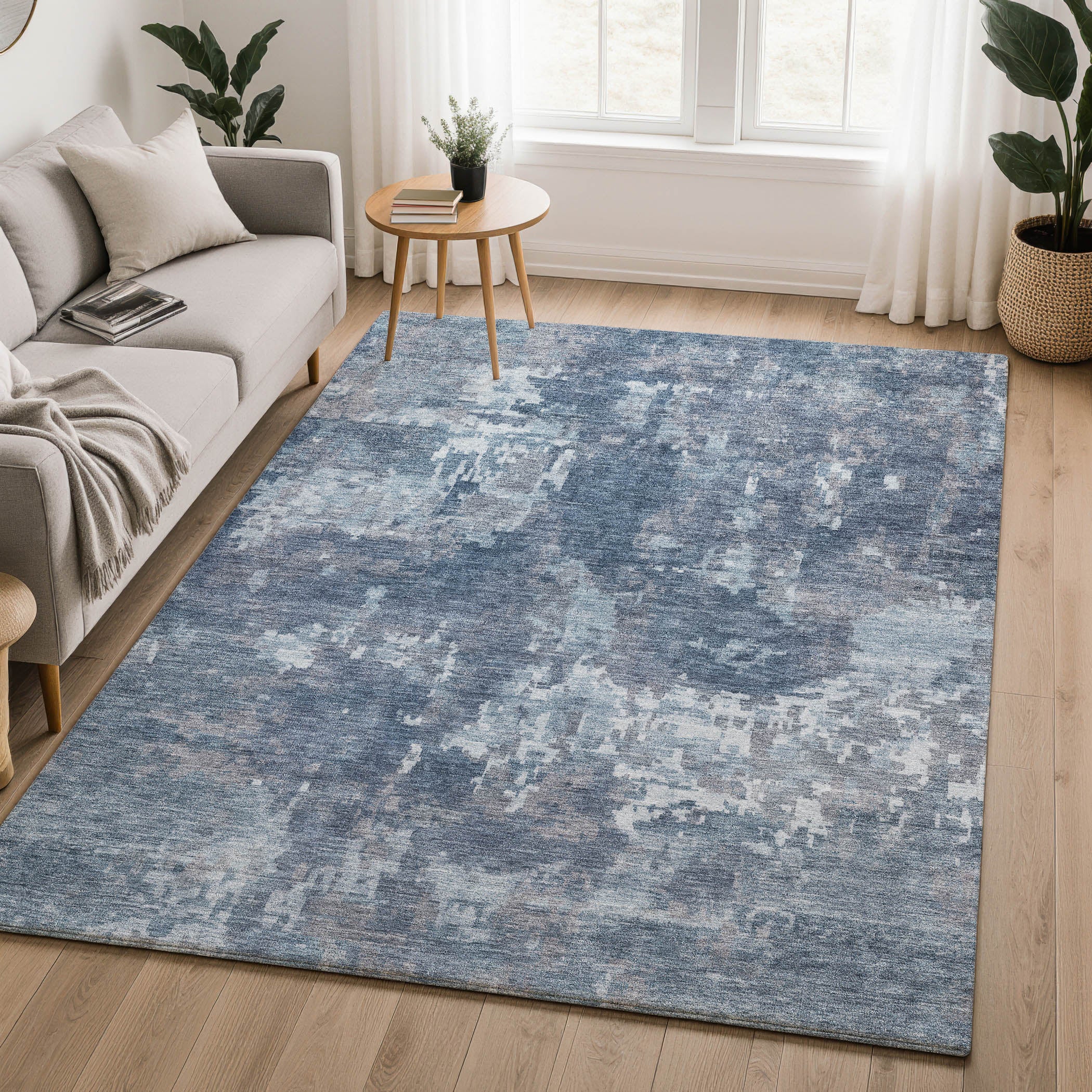 Kotor Machine Washable Transitional Blue Rug 3' x 5' #shape_Rectangle