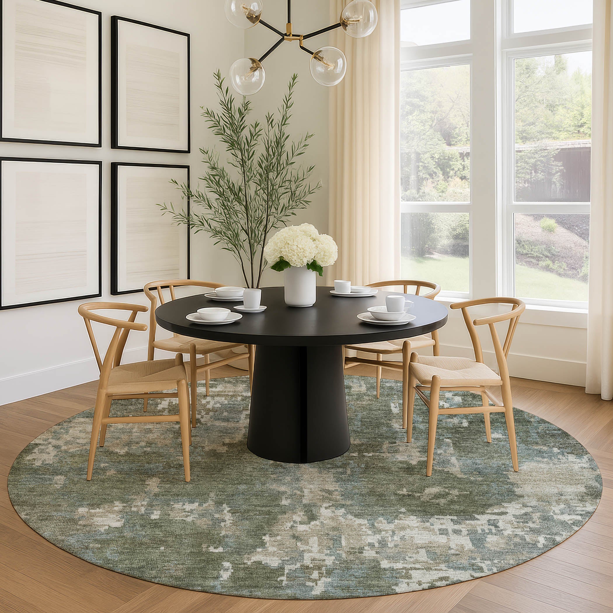 Kotor Machine Washable Transitional Fern Green Rug 8' x 8' #shape_Round