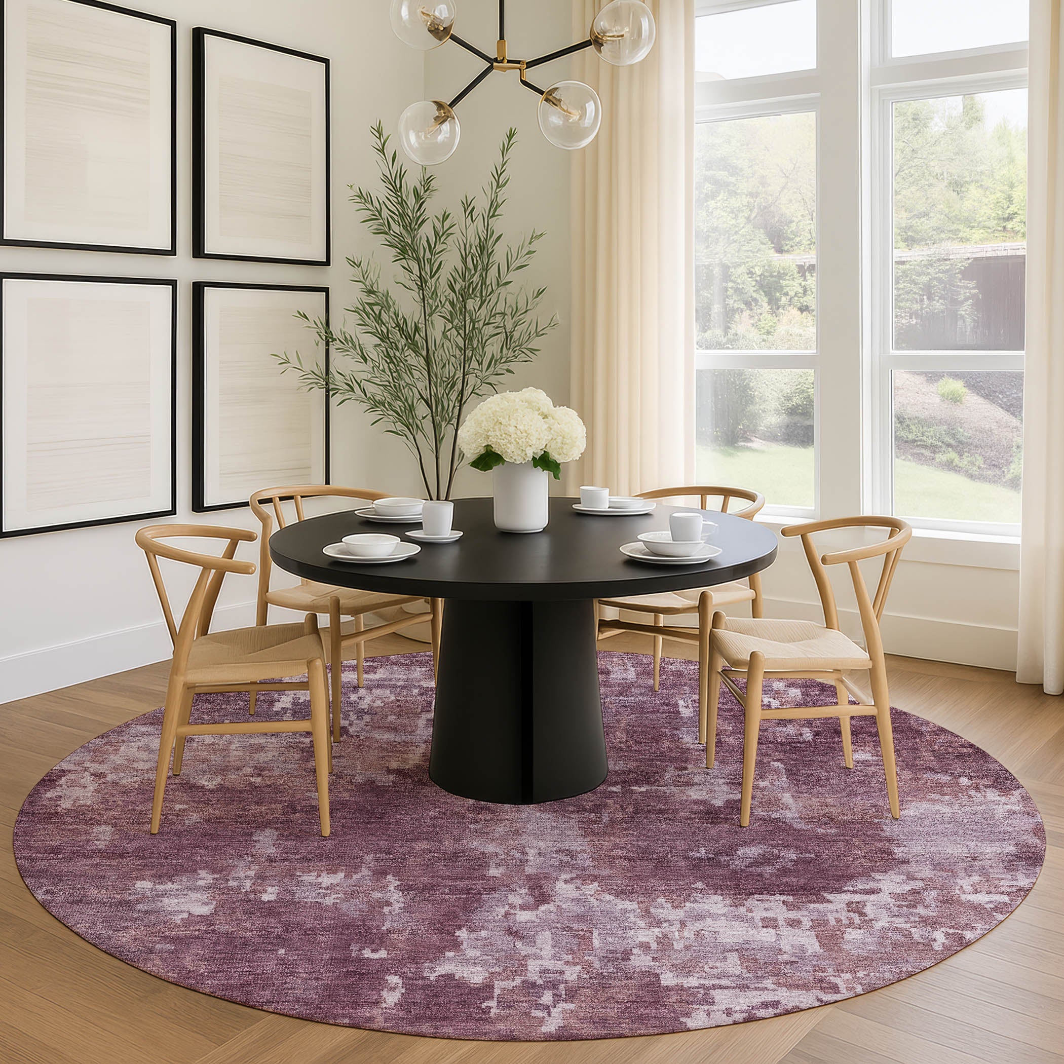 Kotor Machine Washable Transitional Merlot Red Rug 8' x 8' #shape_Round