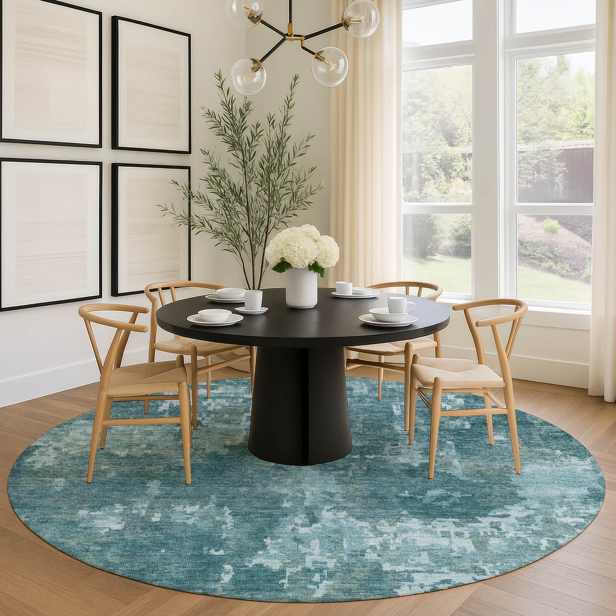 Kotor Machine Washable Transitional Teal Rug 8' x 8' #shape_Round