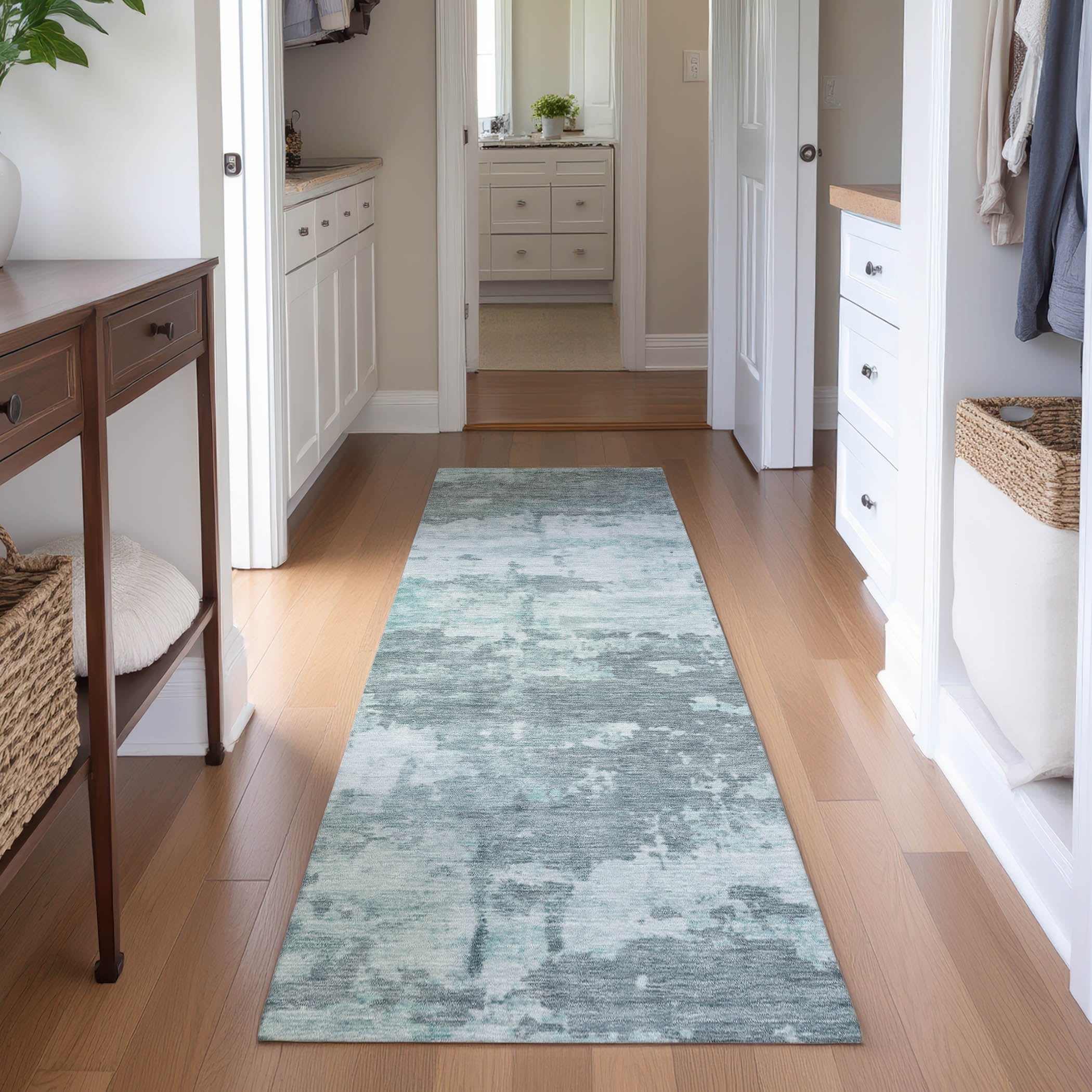 Kyoto Machine Washable Transitional Aqua Teal Rug 2'3" x 7'6" #shape_Runner