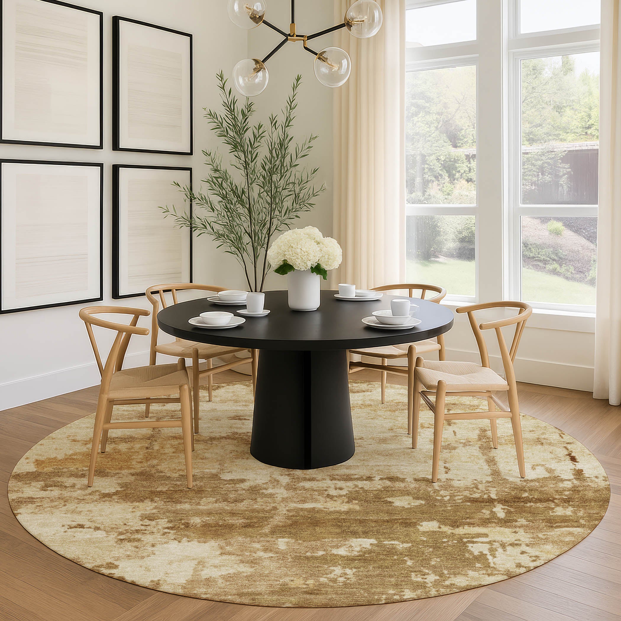 Kyoto Machine Washable Transitional Brown Rug 8' x 8' #shape_Round
