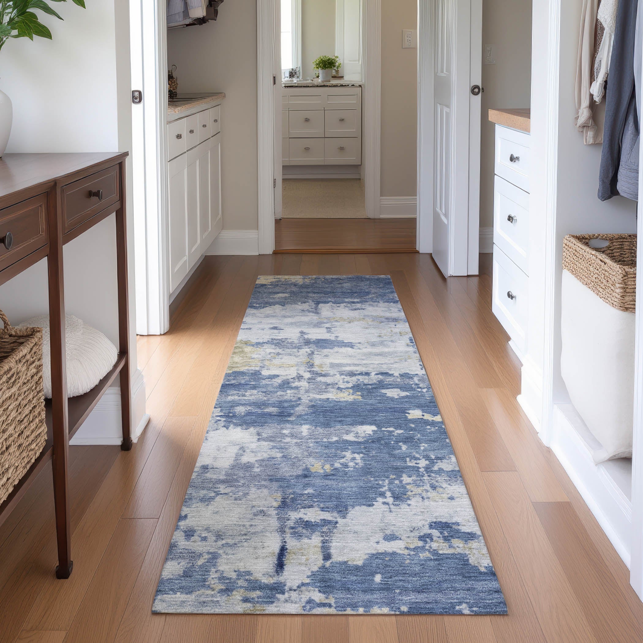 Kyoto Machine Washable Transitional Navy Blue Rug 2'3" x 7'6" #shape_Runner