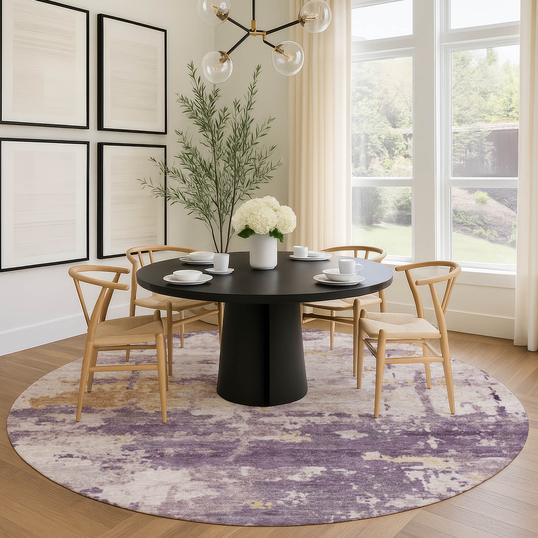 Kyoto Machine Washable Transitional Plum Purple Rug 8' x 8' #shape_Round