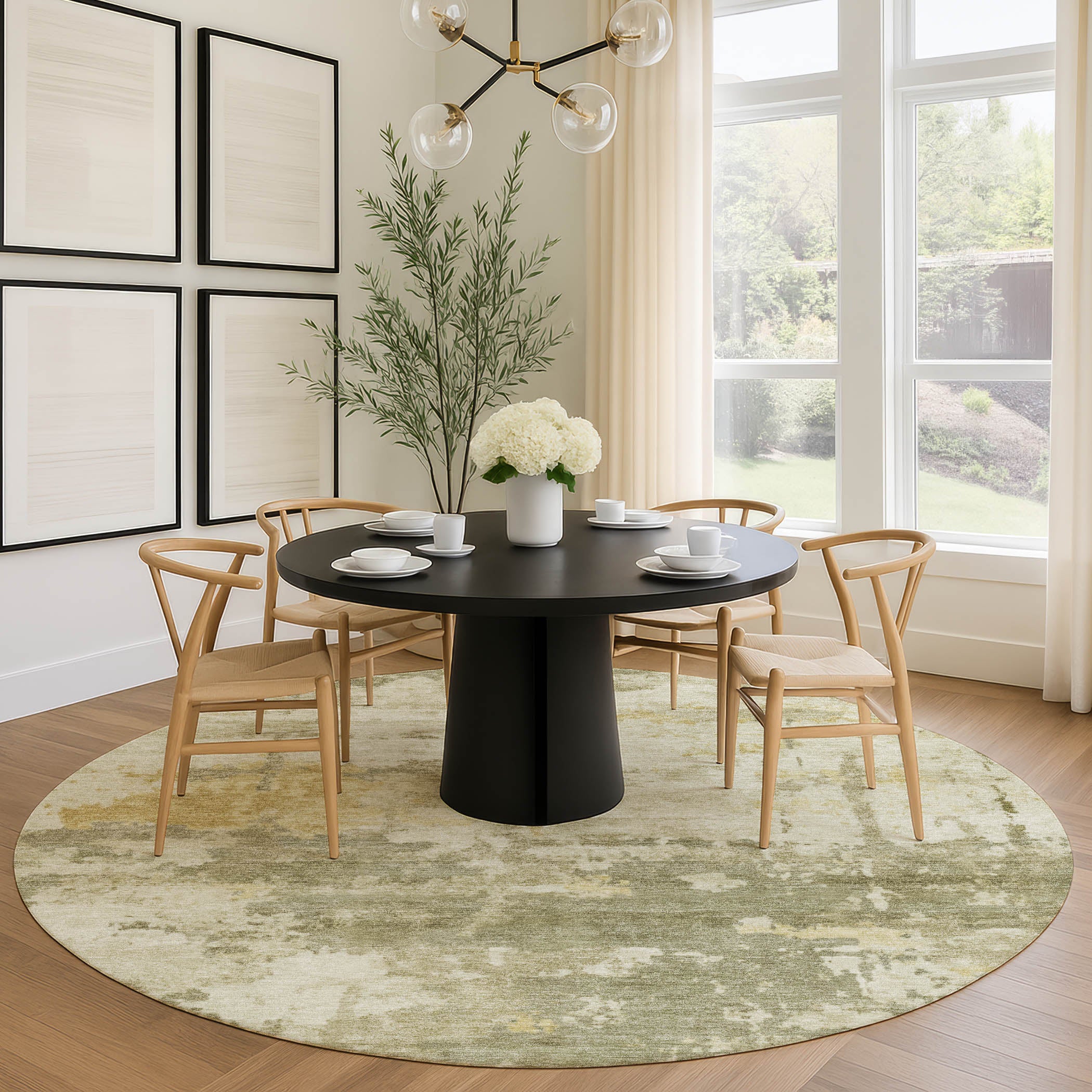 Kyoto Machine Washable Transitional Sage Green Rug 8' x 8' #shape_Round