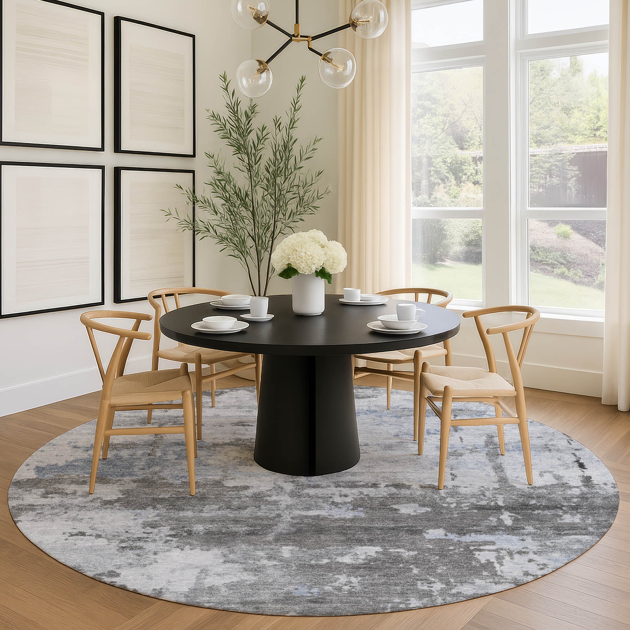Kyoto Machine Washable Transitional Taupe Brown Rug 8' x 8' #shape_Round
