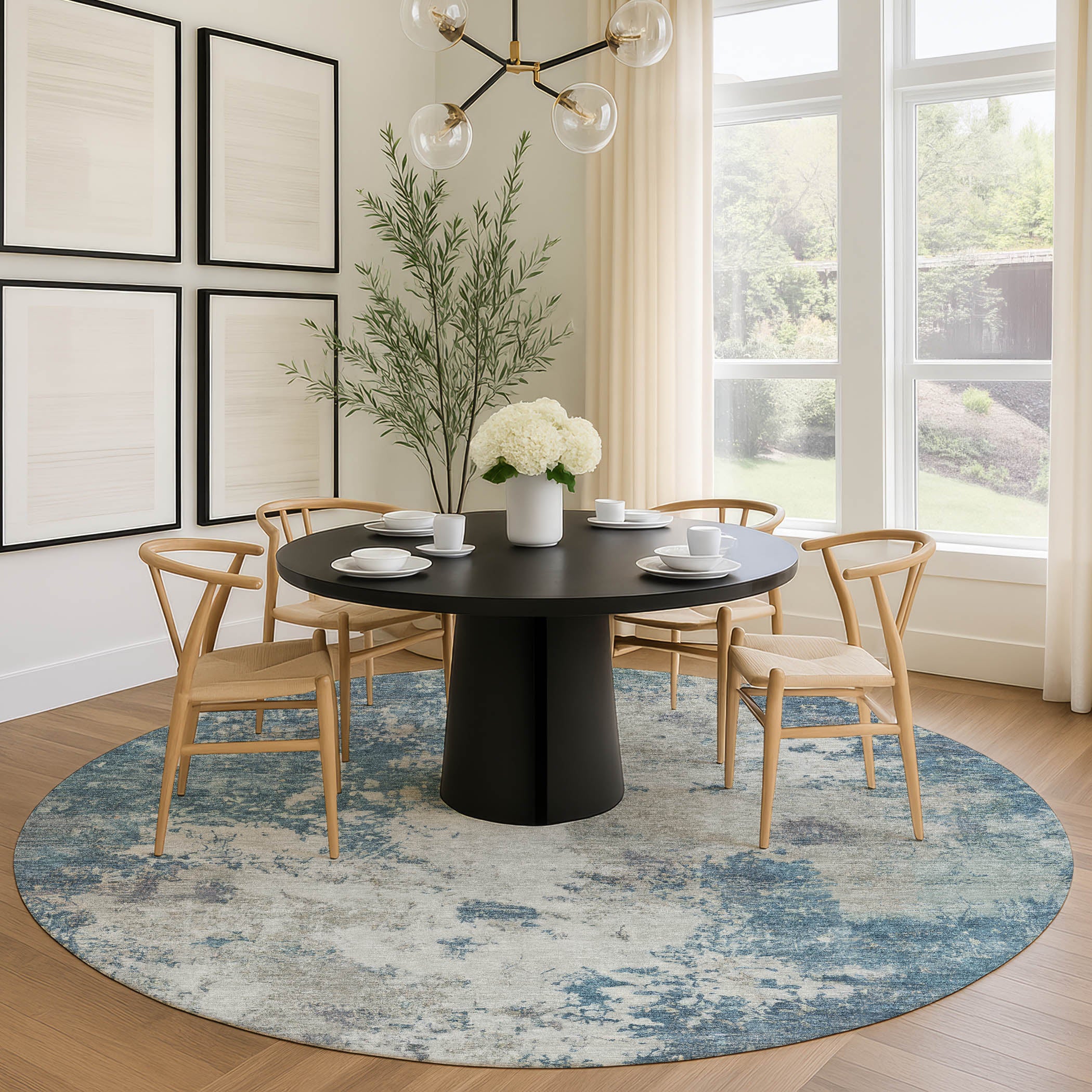 Luang Prabang Machine Washable Transitional Denim Blue Rug 8' x 8' #shape_Round