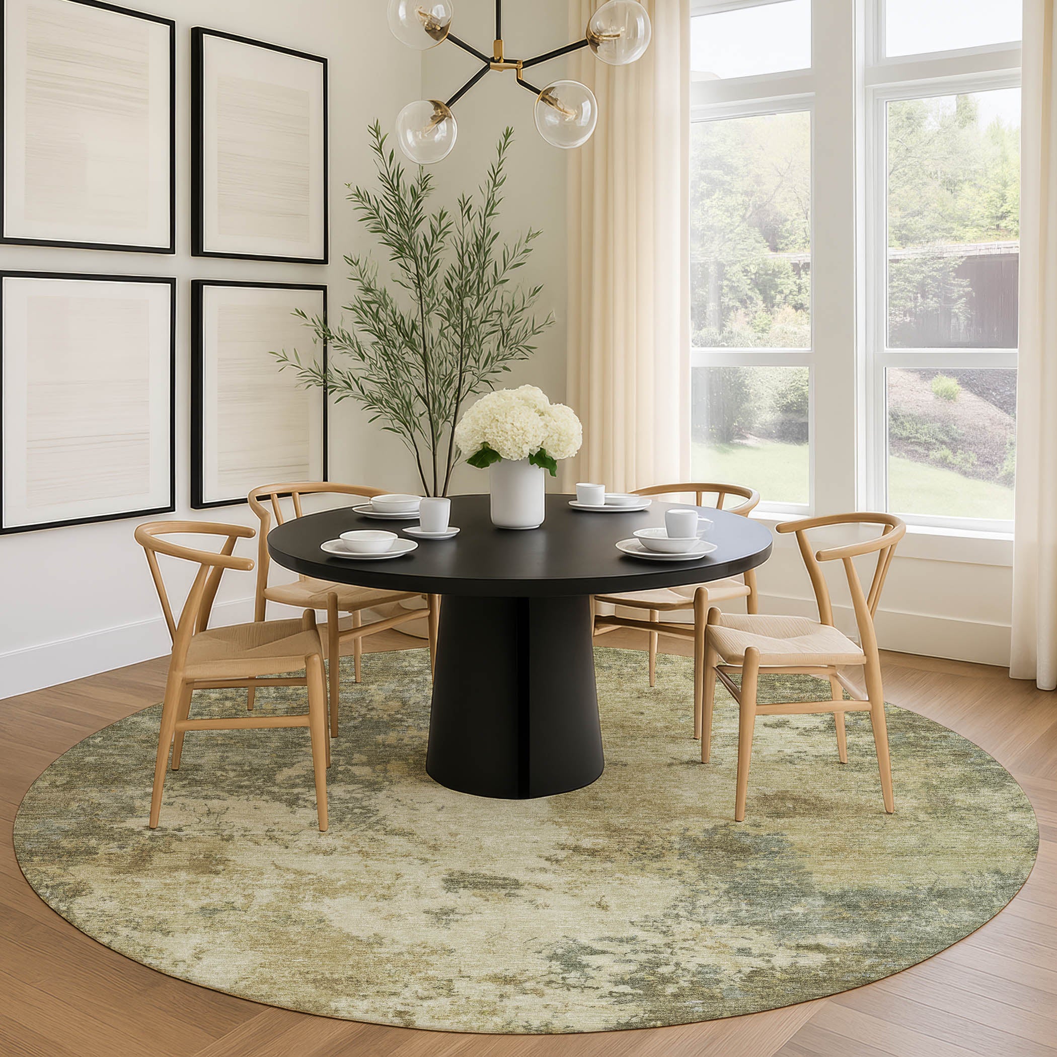 Luang Prabang Machine Washable Transitional Wheat Gold Rug 8' x 8' #shape_Round