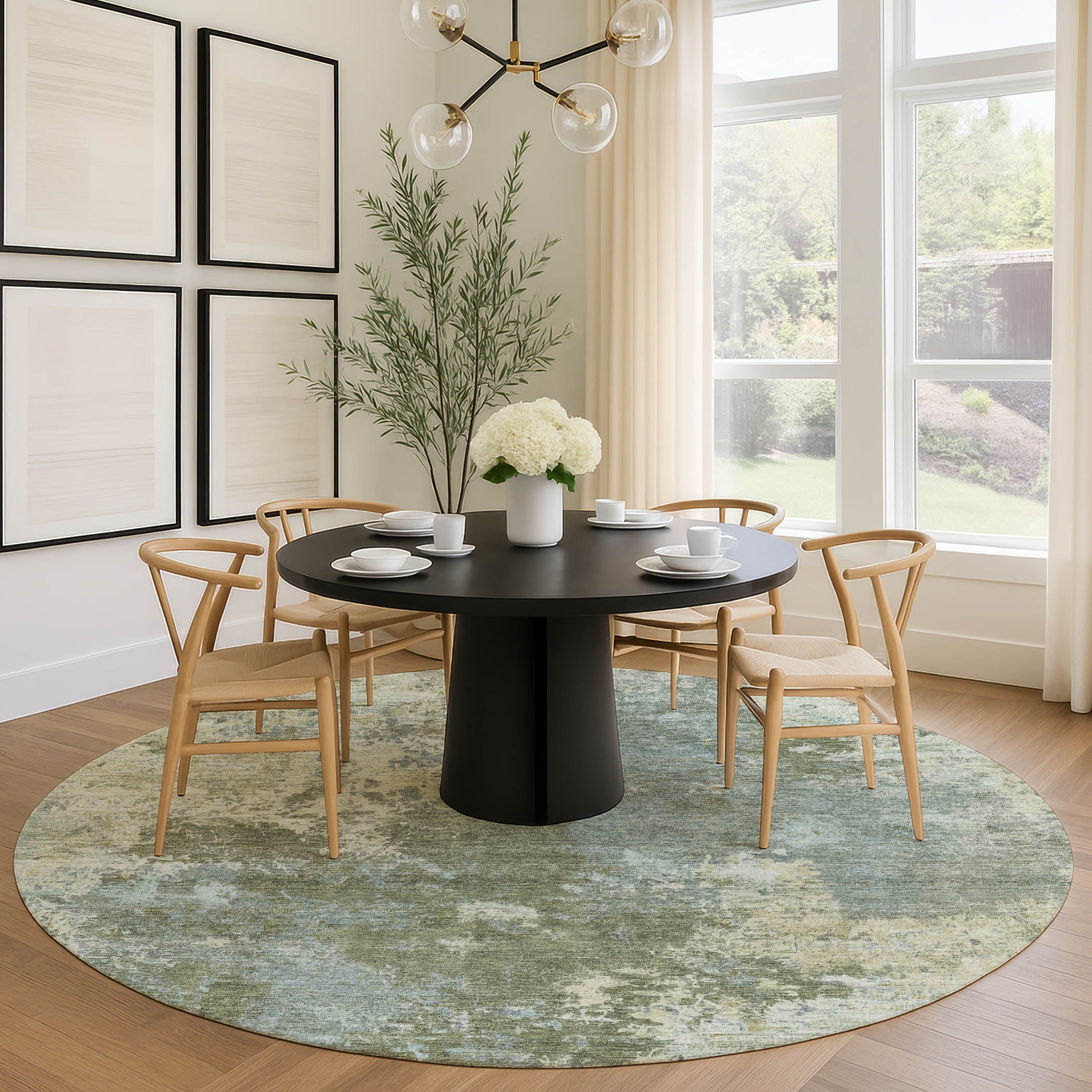 Tbilisi Machine Washable Transitional Fern Green Rug 8' x 8' #shape_Round