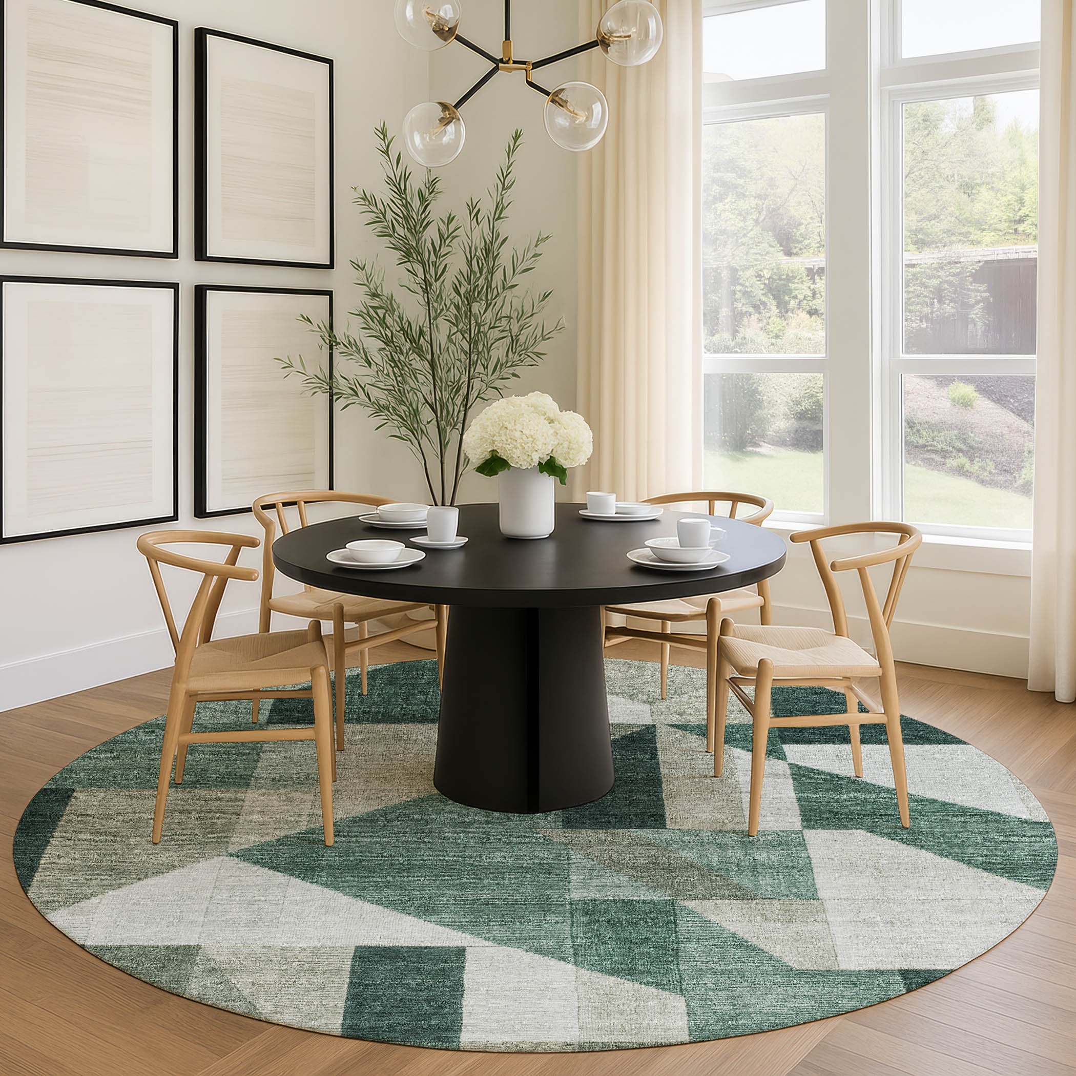 Athens Machine Washable Traditional Basil Green Rug 8' x 8' #shape_Round