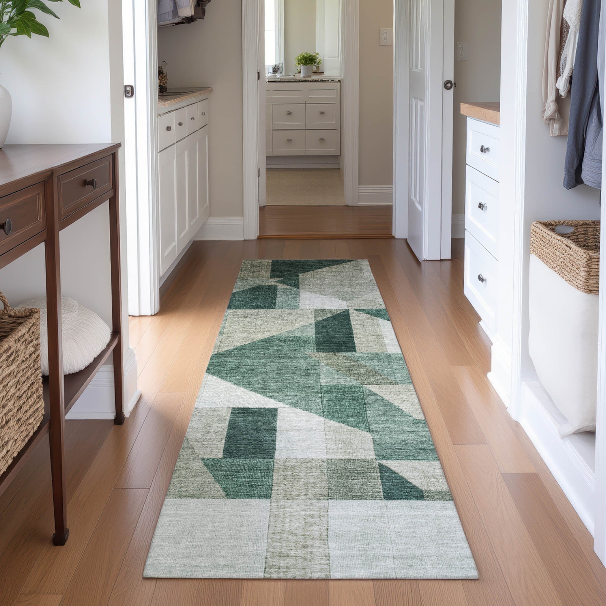 Athens Machine Washable Traditional Basil Green Rug 2'3" x 7'6" #shape_Runner
