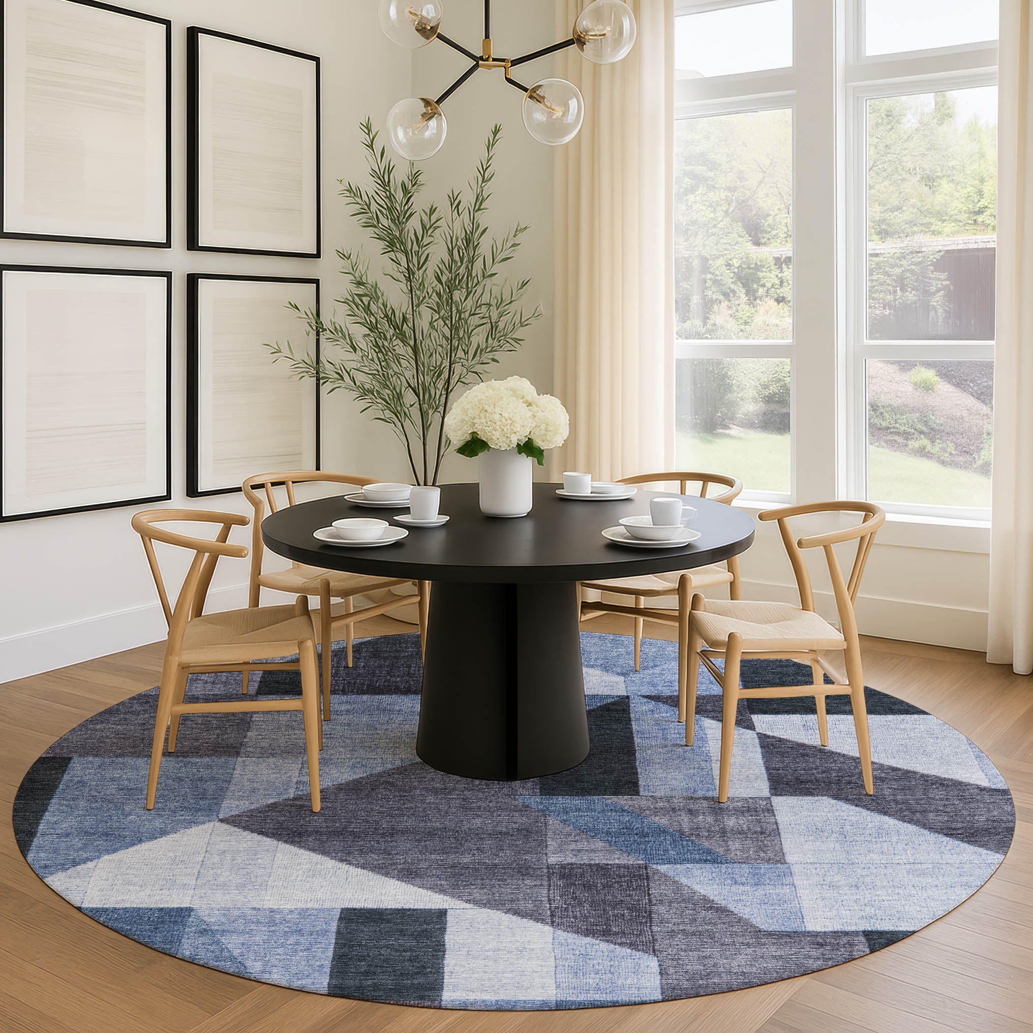 Athens Machine Washable Traditional Blue Rug 8' x 8' #shape_Round