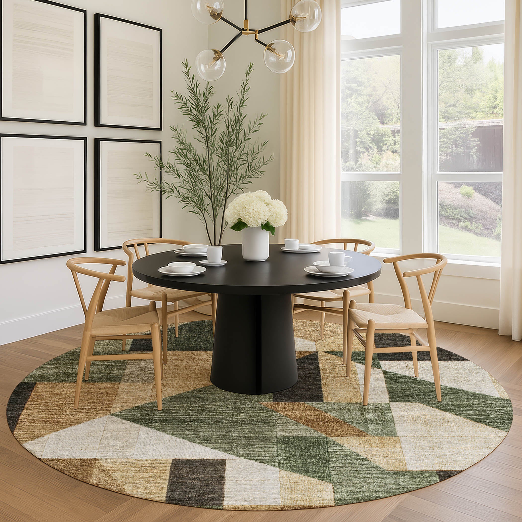 Athens Machine Washable Traditional Fern Green Rug 8' x 8' #shape_Round
