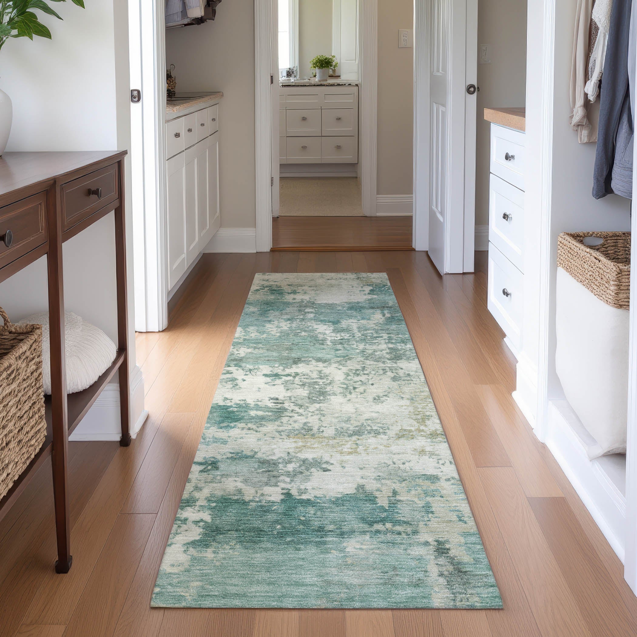 Split Machine Washable Traditional Aloe Green Rug 2'3" x 7'6" #shape_Runner