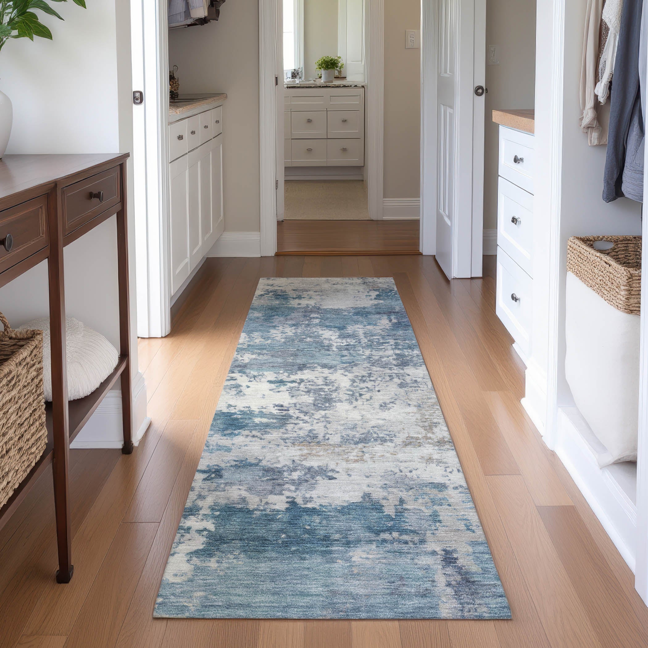 Split Machine Washable Transitional Blue Rug 2'3" x 7'6" #shape_Runner