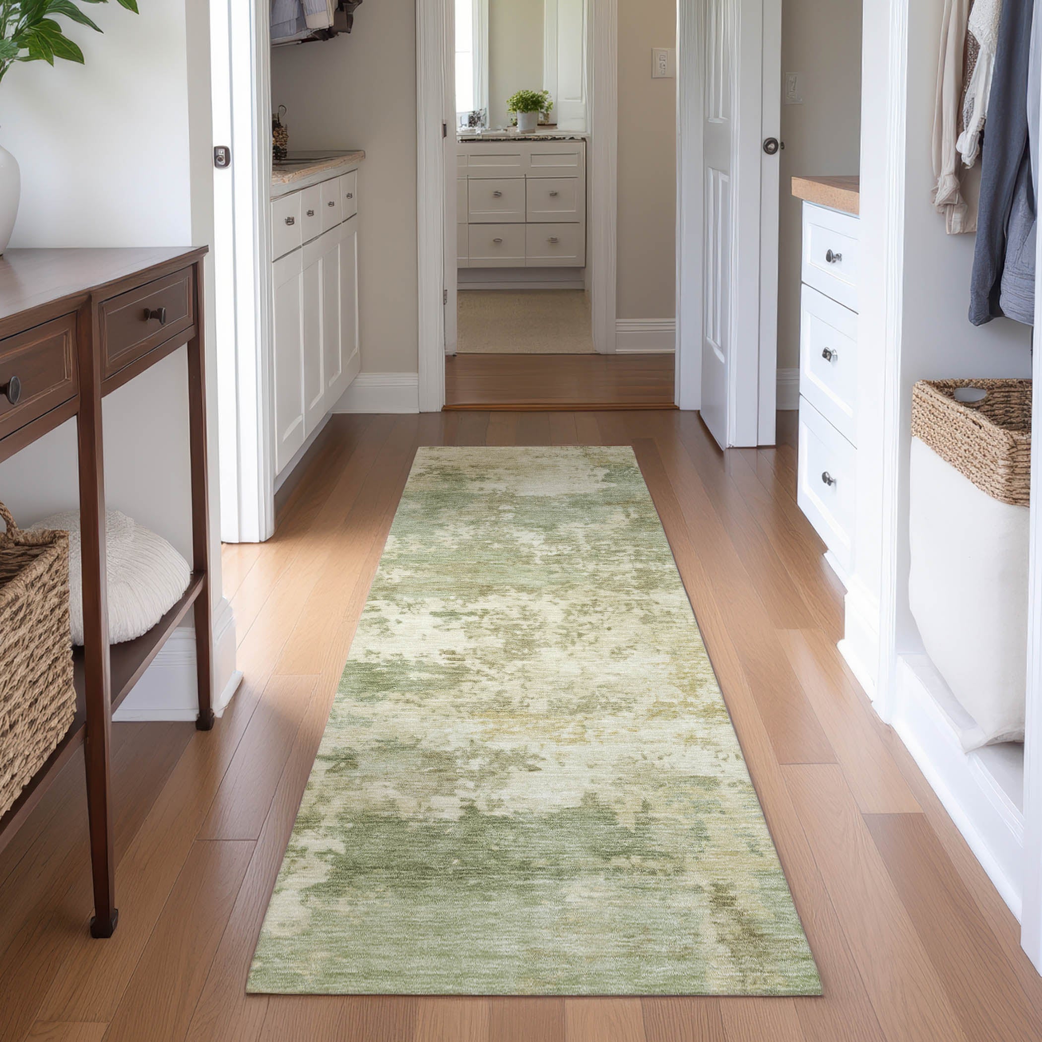 Split Machine Washable Transitional Celery Green Rug 2'3" x 7'6" #shape_Runner
