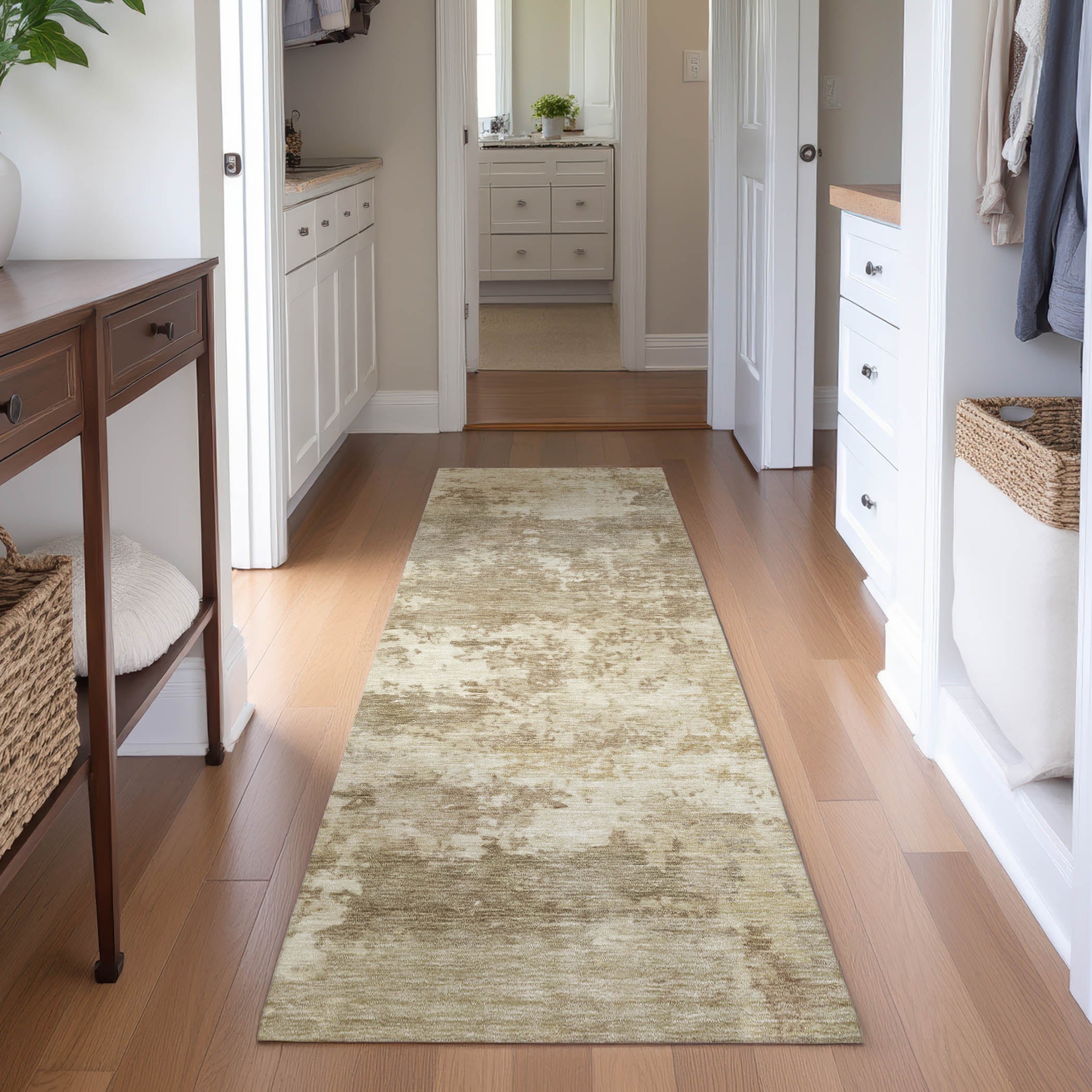 Split Machine Washable Transitional Khaki Brown Rug 2'3" x 7'6" #shape_Runner