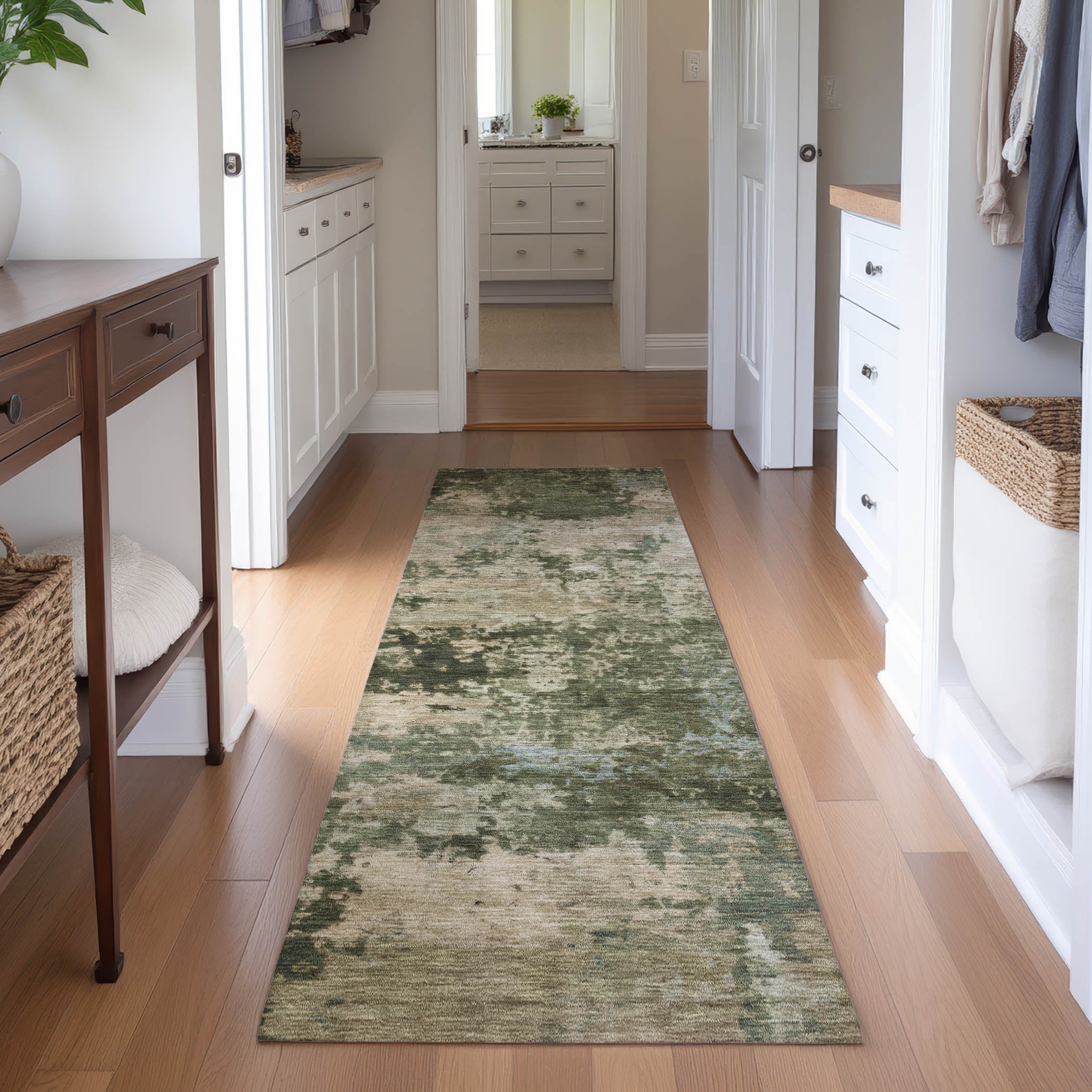 Split Machine Washable Transitional Olive Green Rug 2'3" x 7'6" #shape_Runner