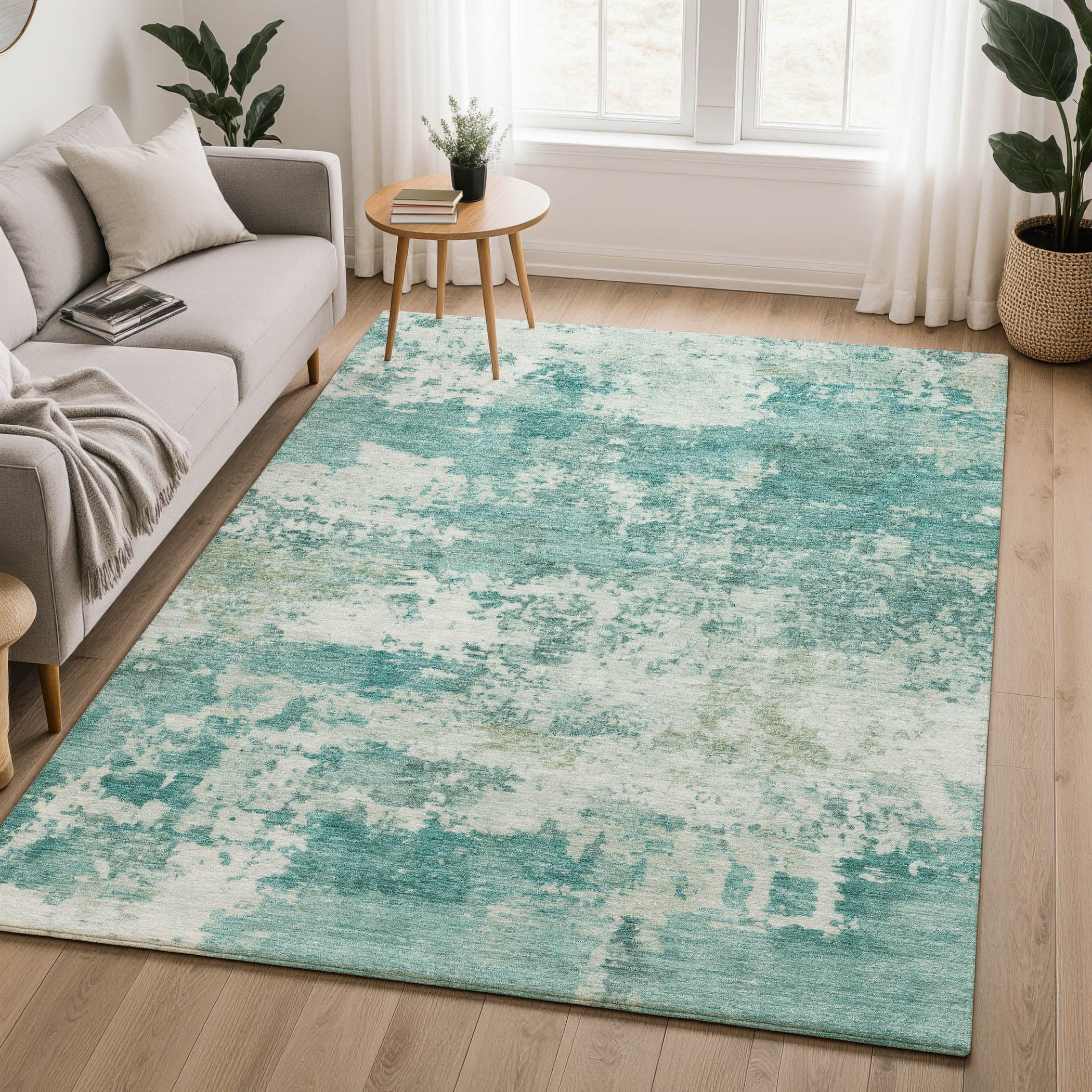 Split Machine Washable Traditional Teal Rug 3' x 5' #shape_Rectangle