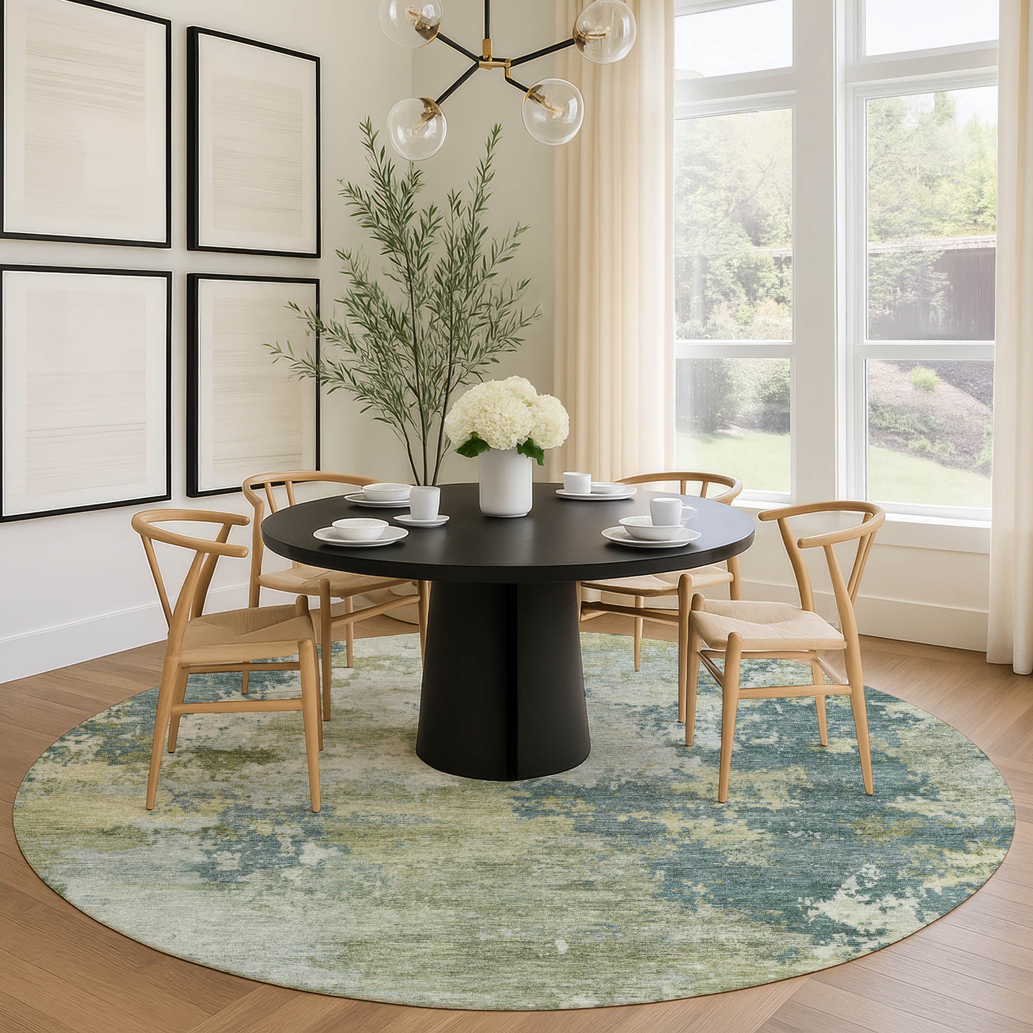 Seville Machine Washable Traditional Aqua Teal Rug 8' x 8' #shape_Round