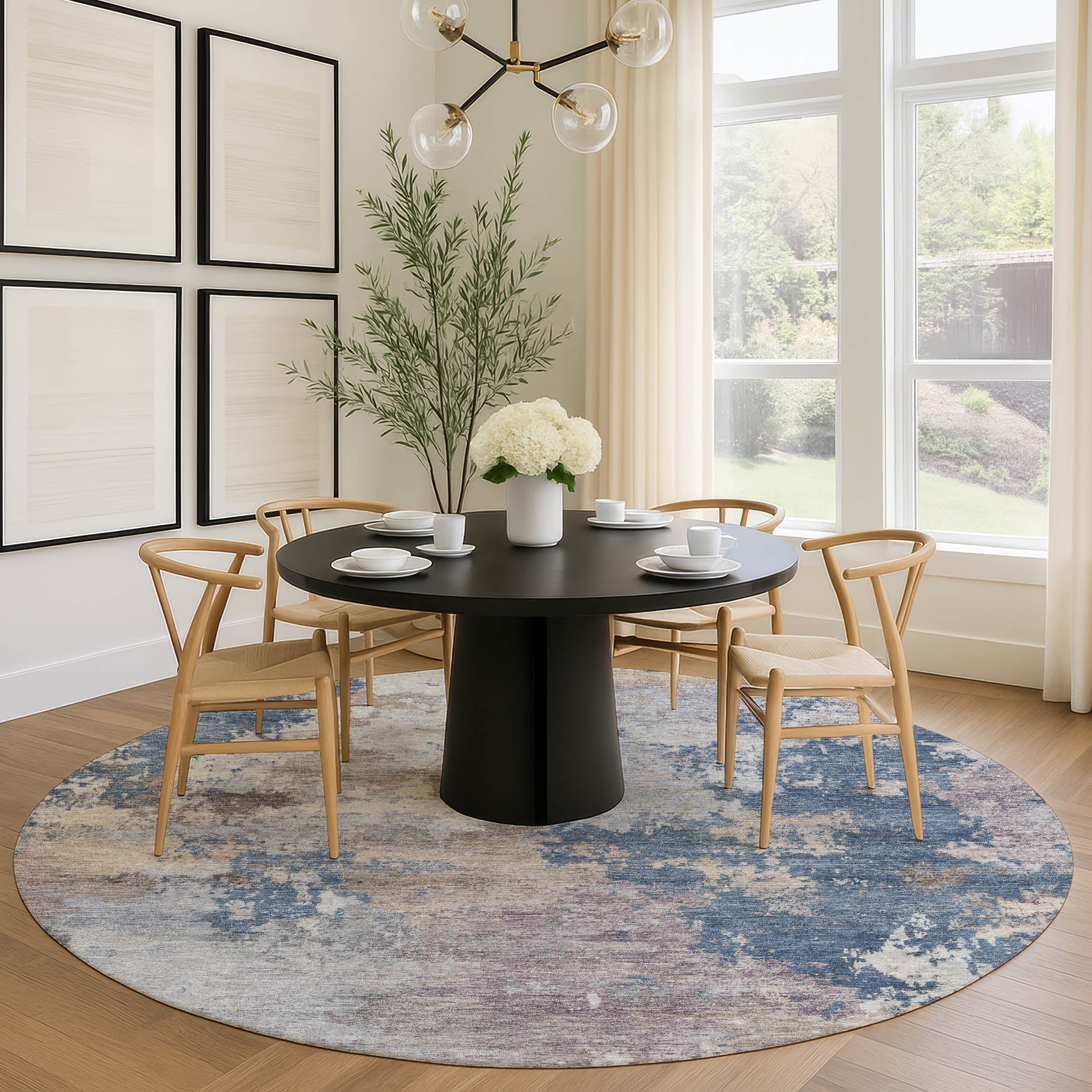 Seville Machine Washable Traditional Blue Rug 8' x 8' #shape_Round