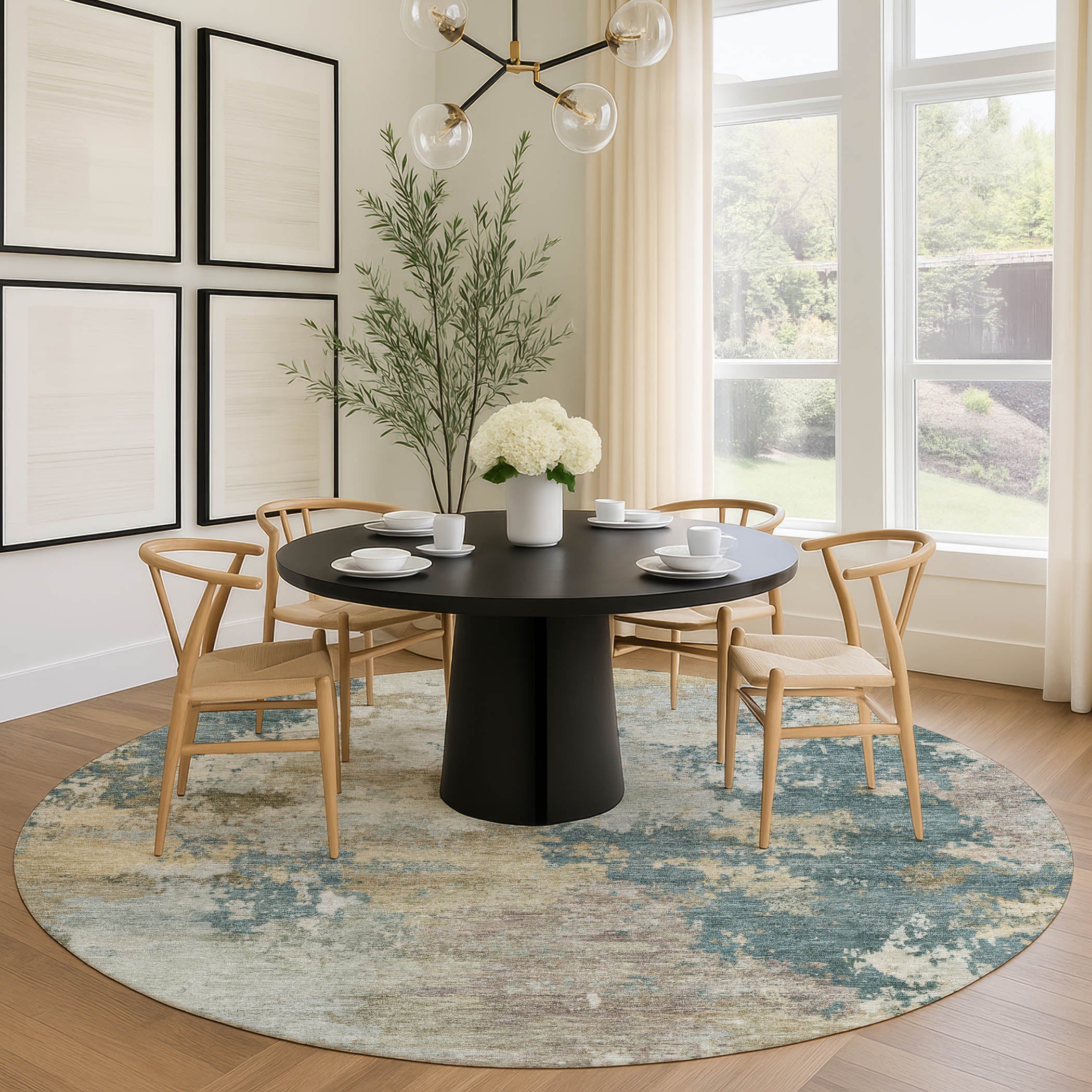 Seville Machine Washable Traditional Teal Rug 8' x 8' #shape_Round