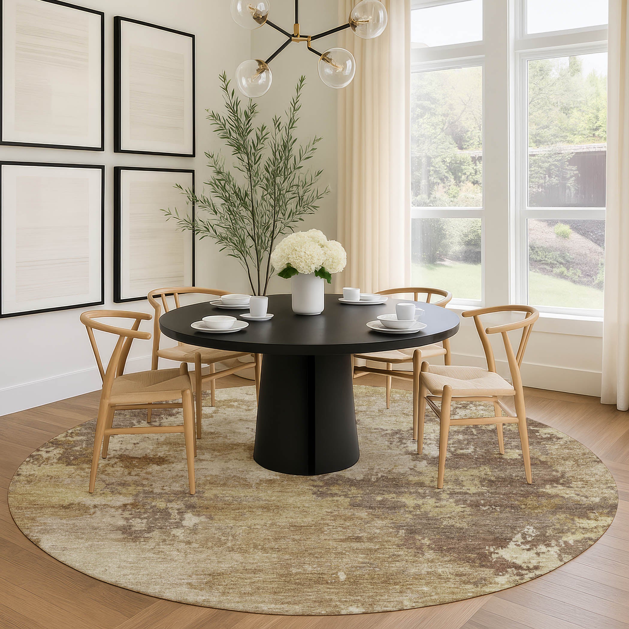 Seville Machine Washable Traditional Wheat Gold Rug 8' x 8' #shape_Round