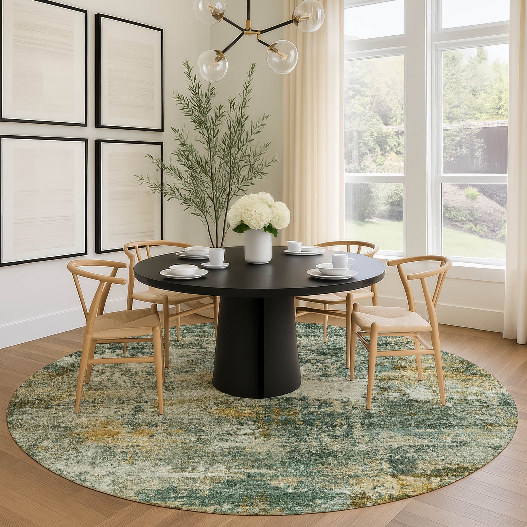 Ghent Machine Washable Traditional Fern Green Rug 8' x 8' #shape_Round