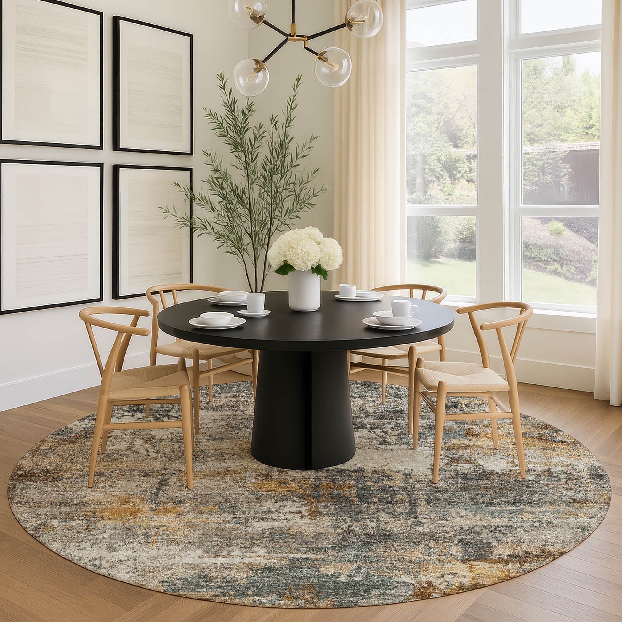 Ghent Machine Washable Transitional Khaki Brown Rug 8' x 8' #shape_Round