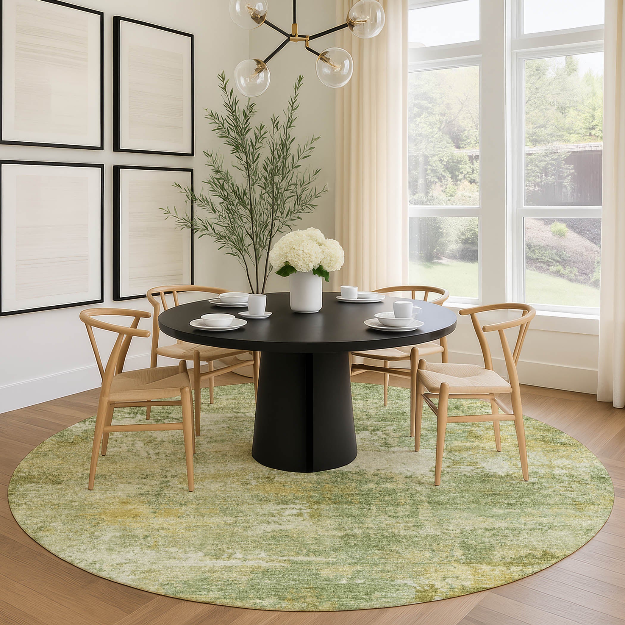 Bangkok Machine Washable Transitional Sage Green Rug 8' x 8' #shape_Round
