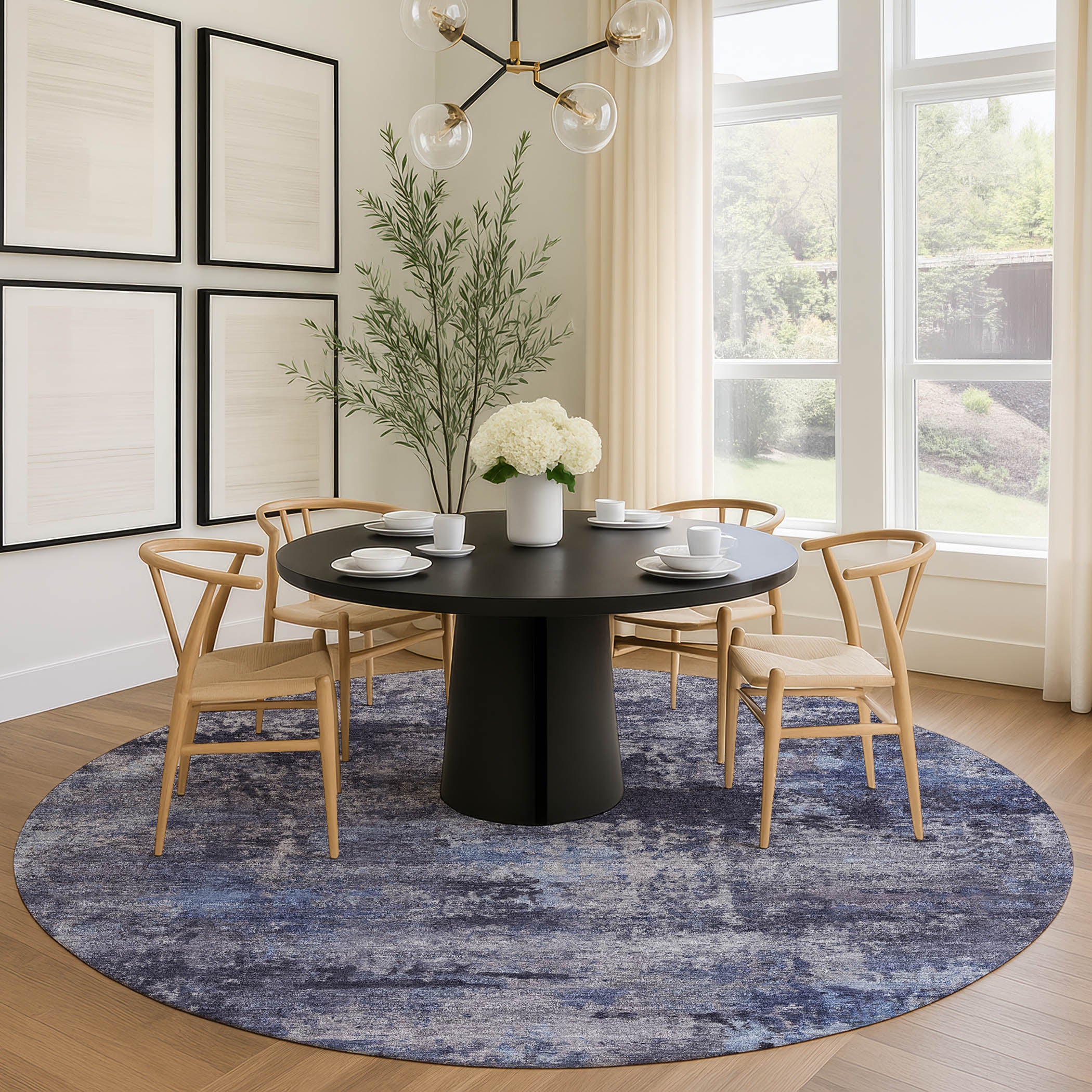 Chiang Mai Machine Washable Transitional Blue Rug 8' x 8' #shape_Round