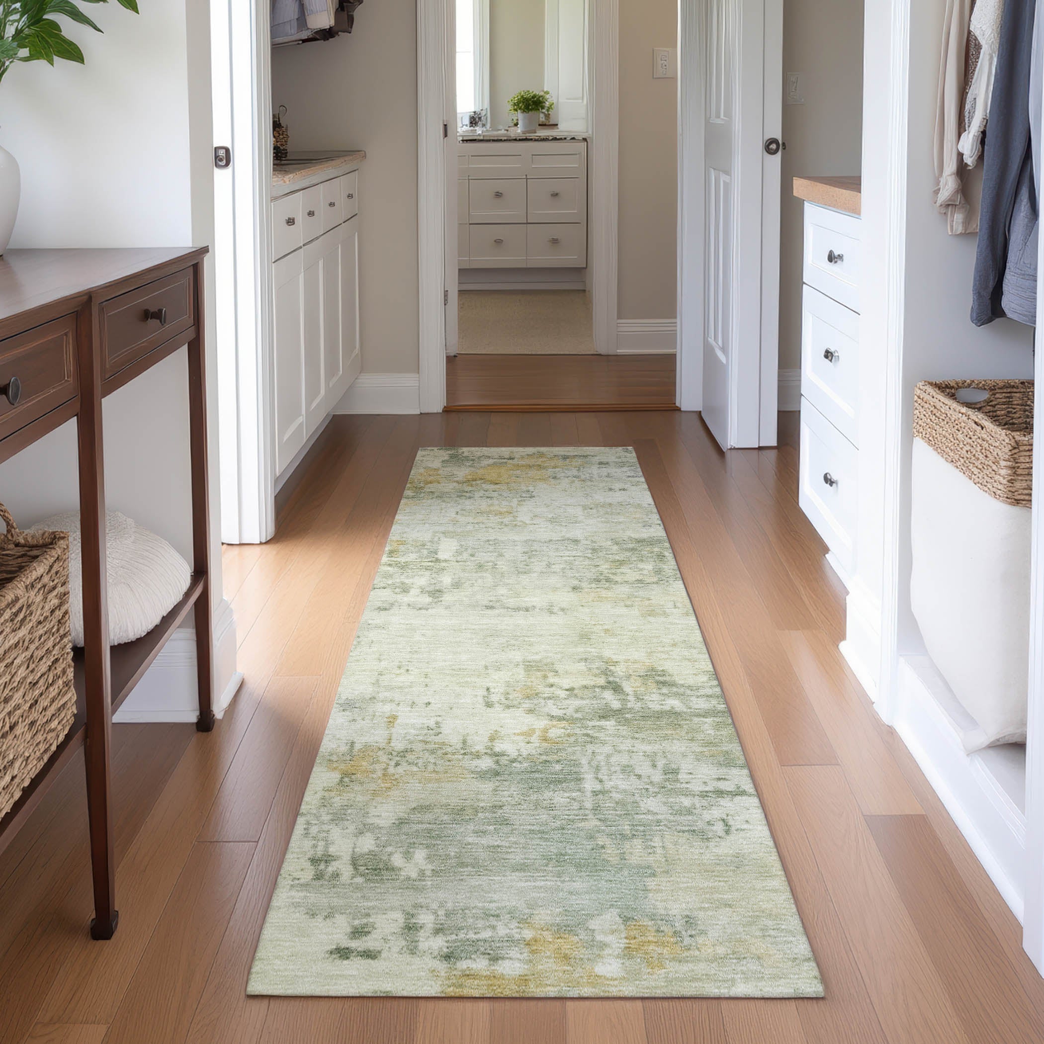 Bogota Machine Washable Traditional Aloe Green Rug 2'3" x 7'6" #shape_Runner