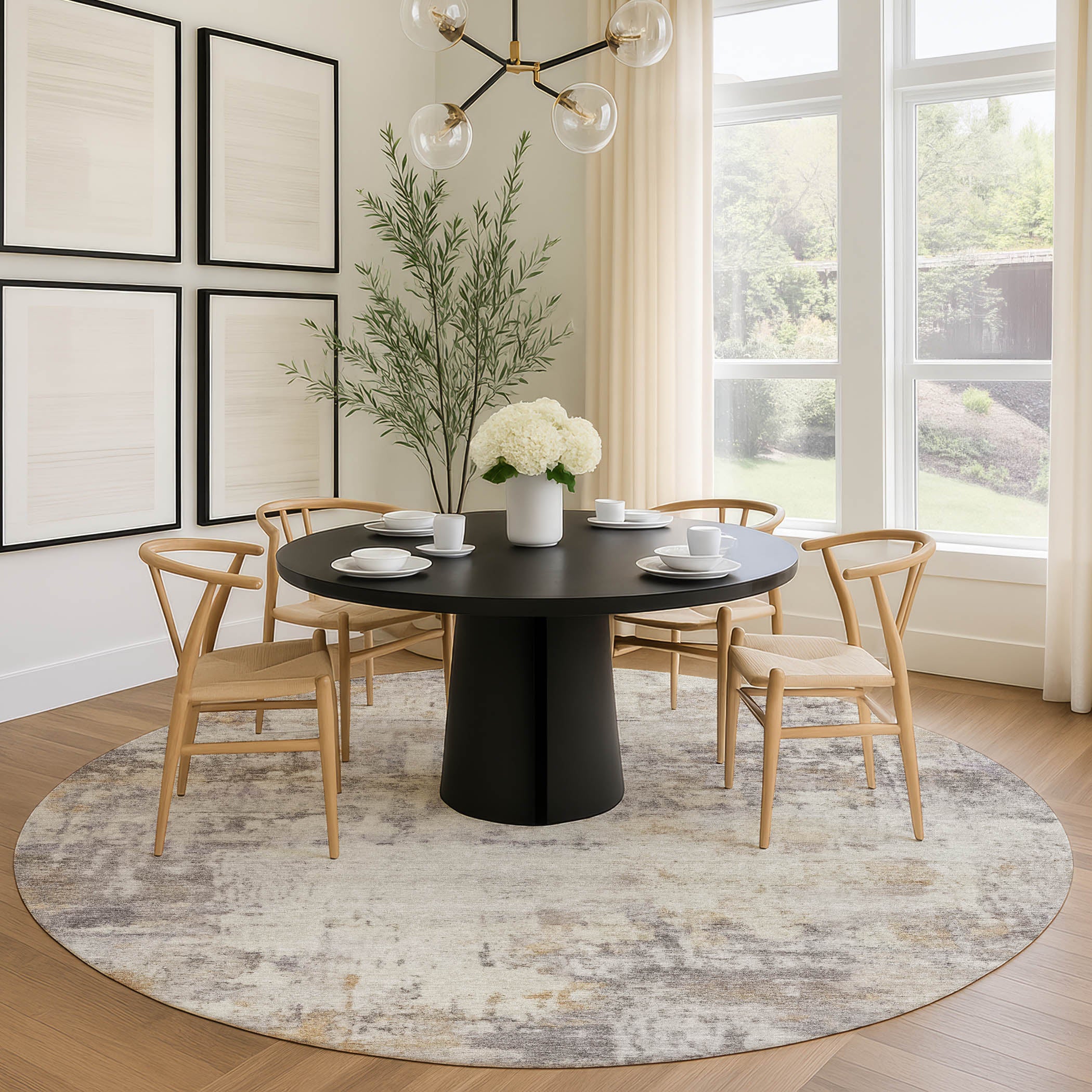 Bogota Machine Washable Traditional Linen Ivory Rug 8' x 8' #shape_Round