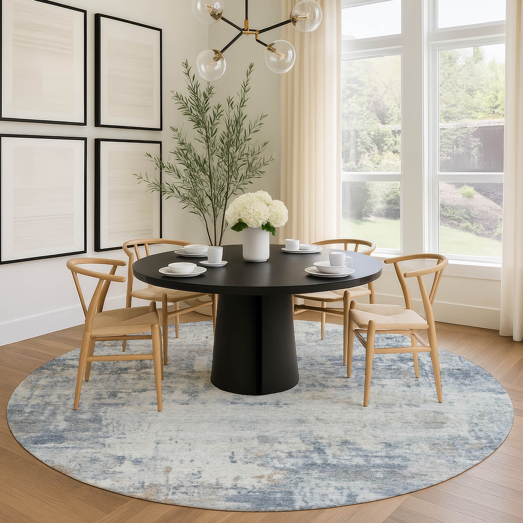 Bogota Machine Washable Traditional Sky Blue Rug 8' x 8' #shape_Round