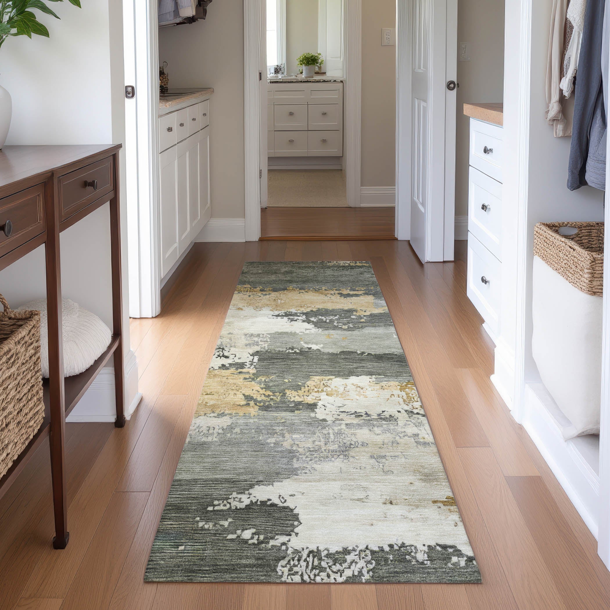 Colombo Machine Washable Traditional Basil Green Rug 2'3" x 7'6" #shape_Runner