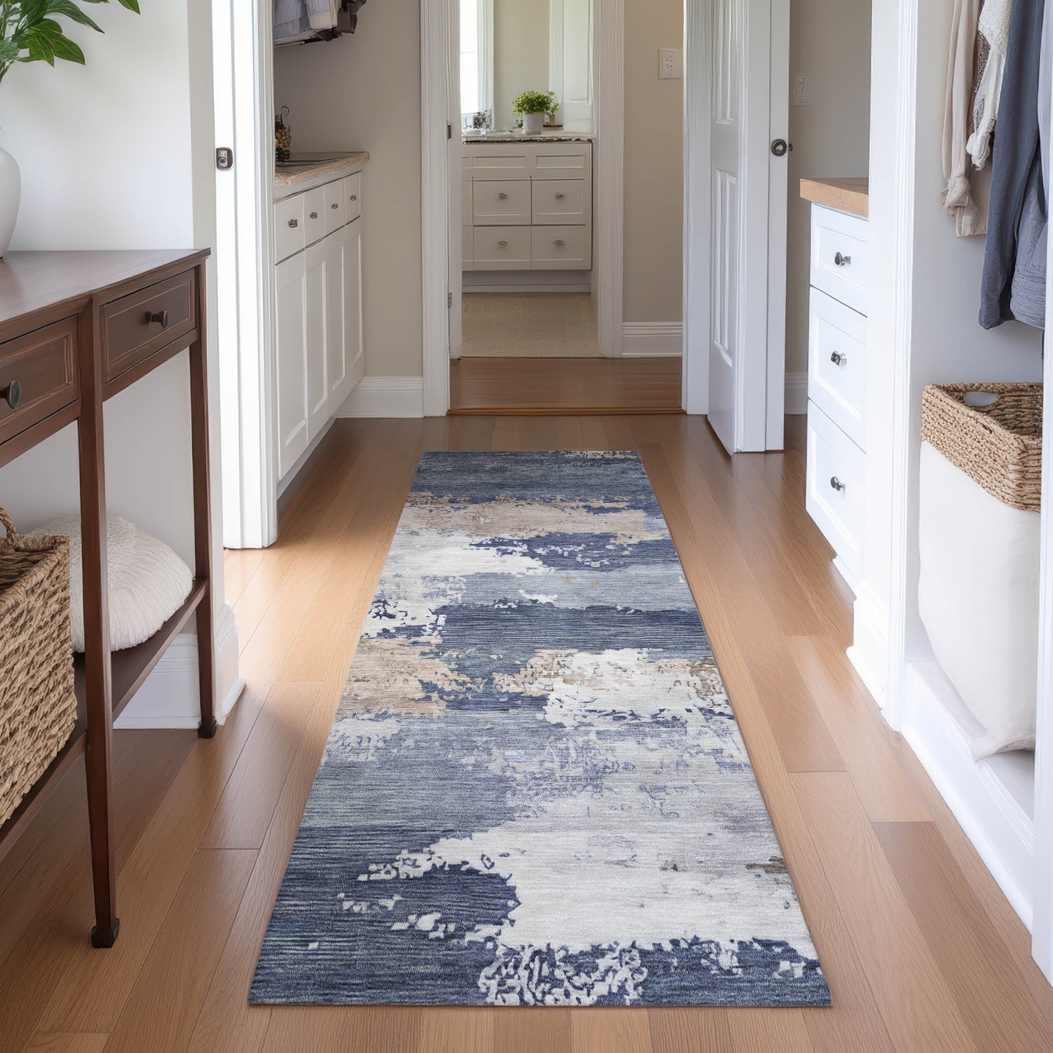 Colombo Machine Washable Transitional Navy Blue Rug 2'3" x 7'6" #shape_Runner