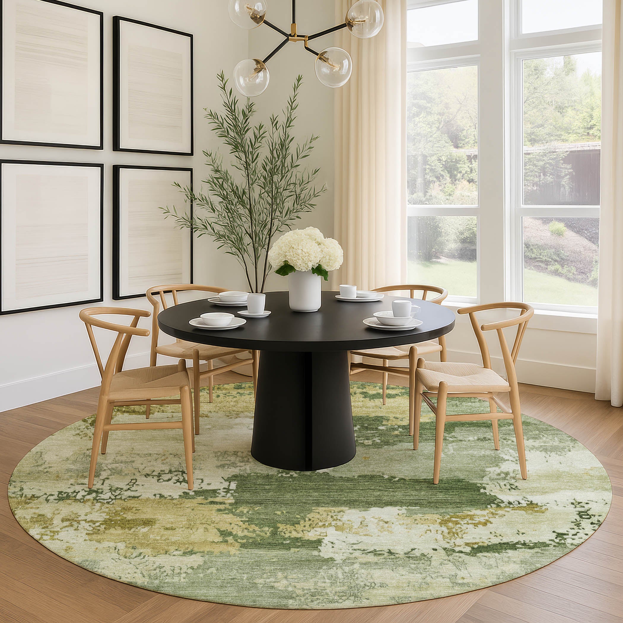 Colombo Machine Washable Transitional Olive Green Rug 8' x 8' #shape_Round