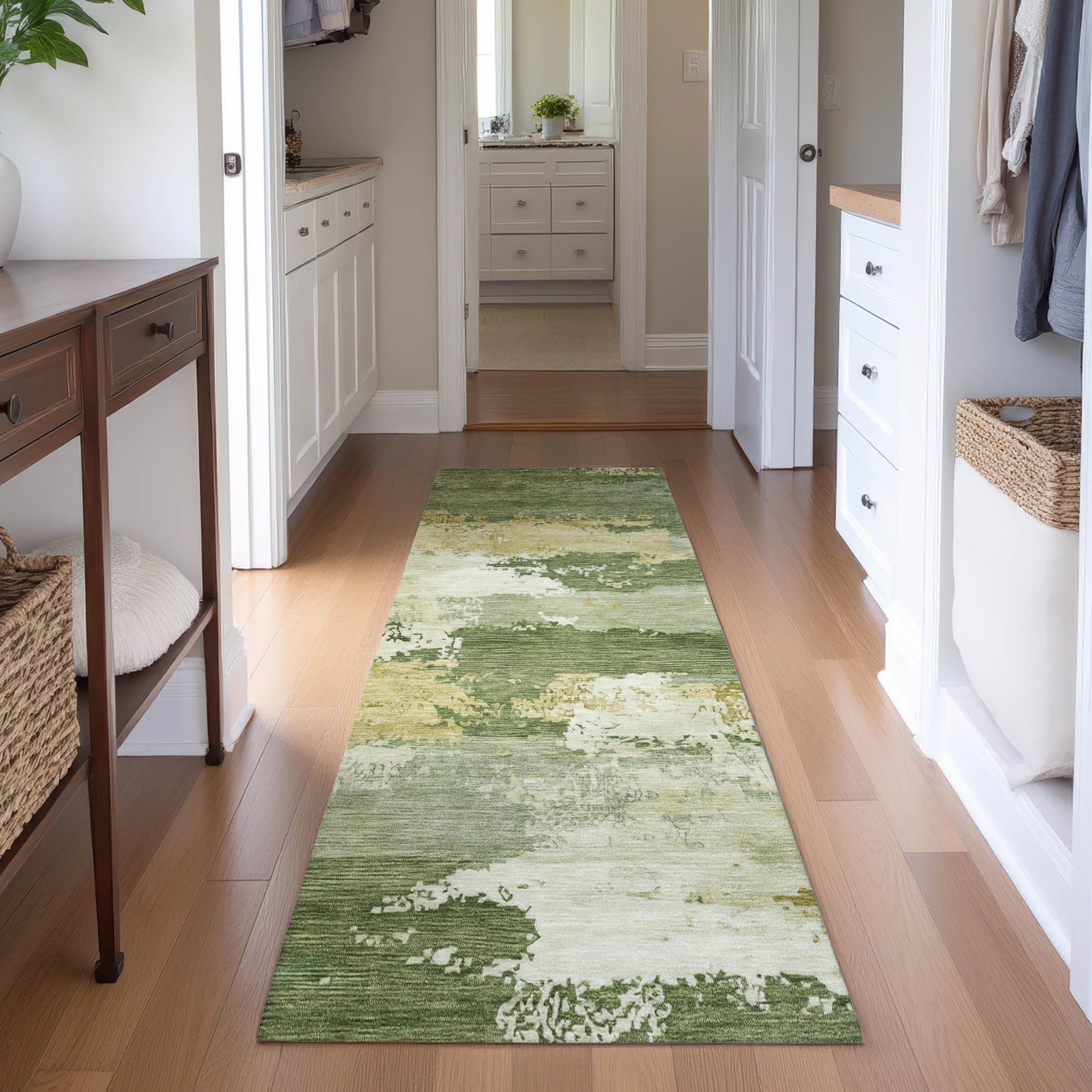 Colombo Machine Washable Transitional Olive Green Rug 2'3" x 7'6" #shape_Runner