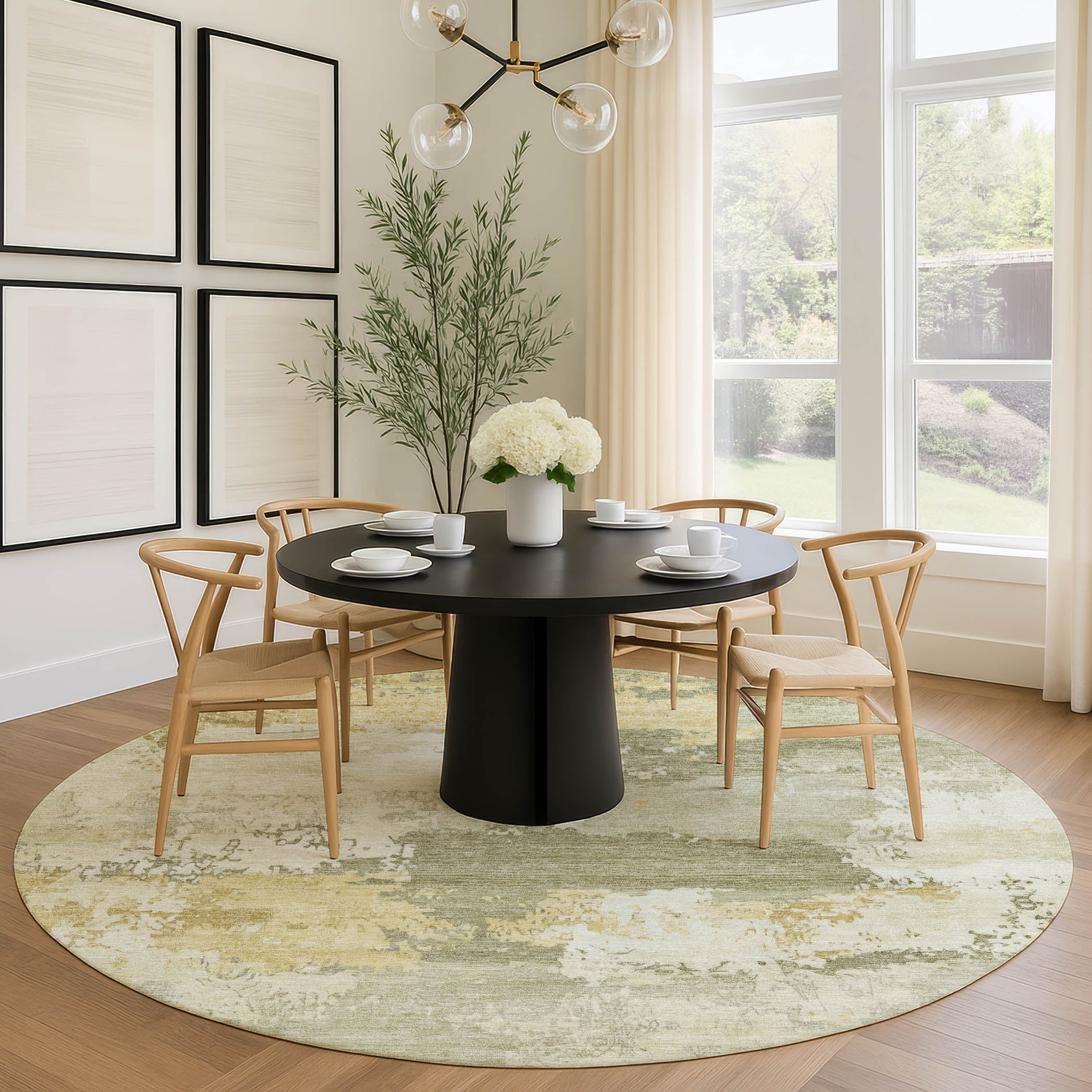 Colombo Machine Washable Transitional Sage Green Rug 8' x 8' #shape_Round