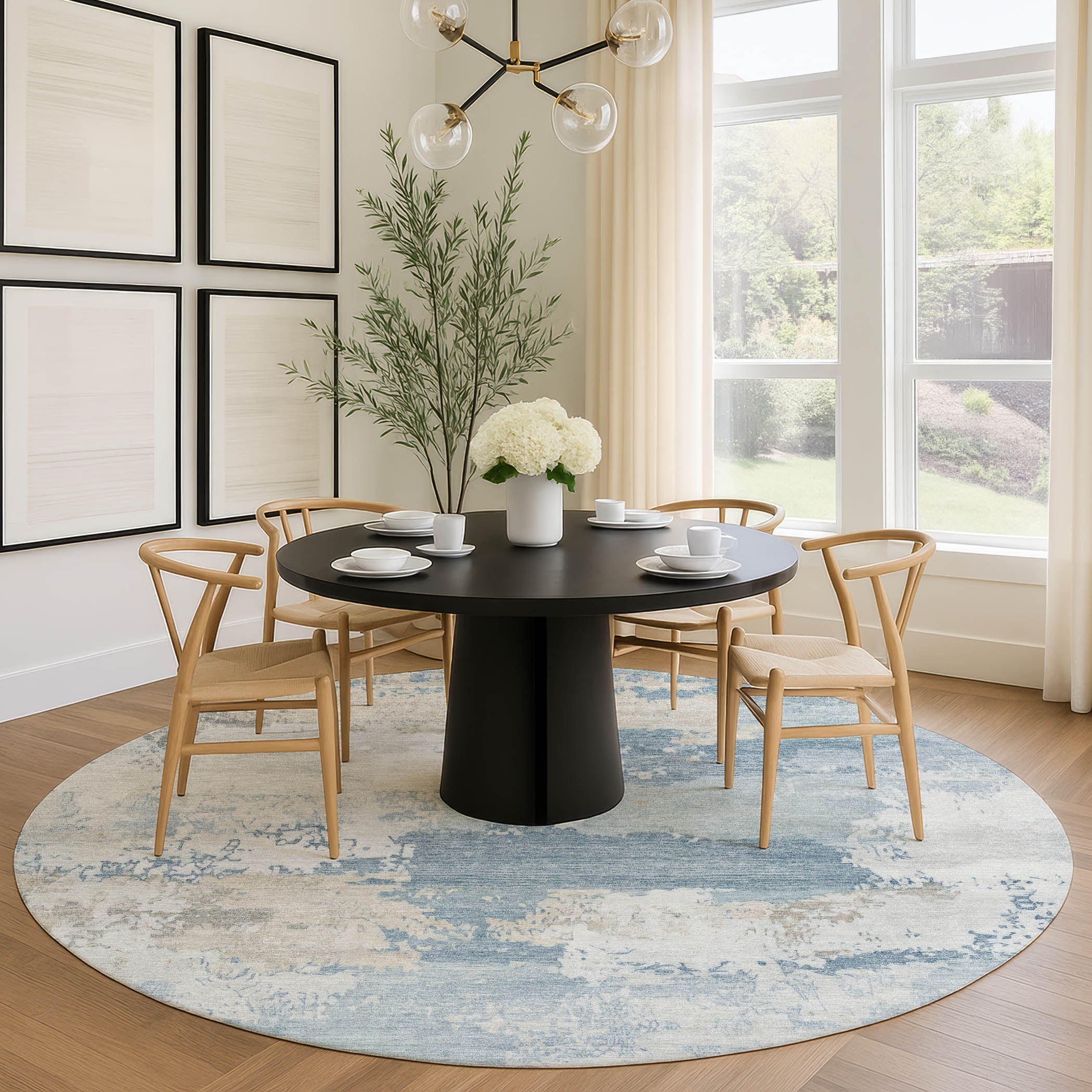 Colombo Machine Washable Transitional Sky Blue Rug 8' x 8' #shape_Round