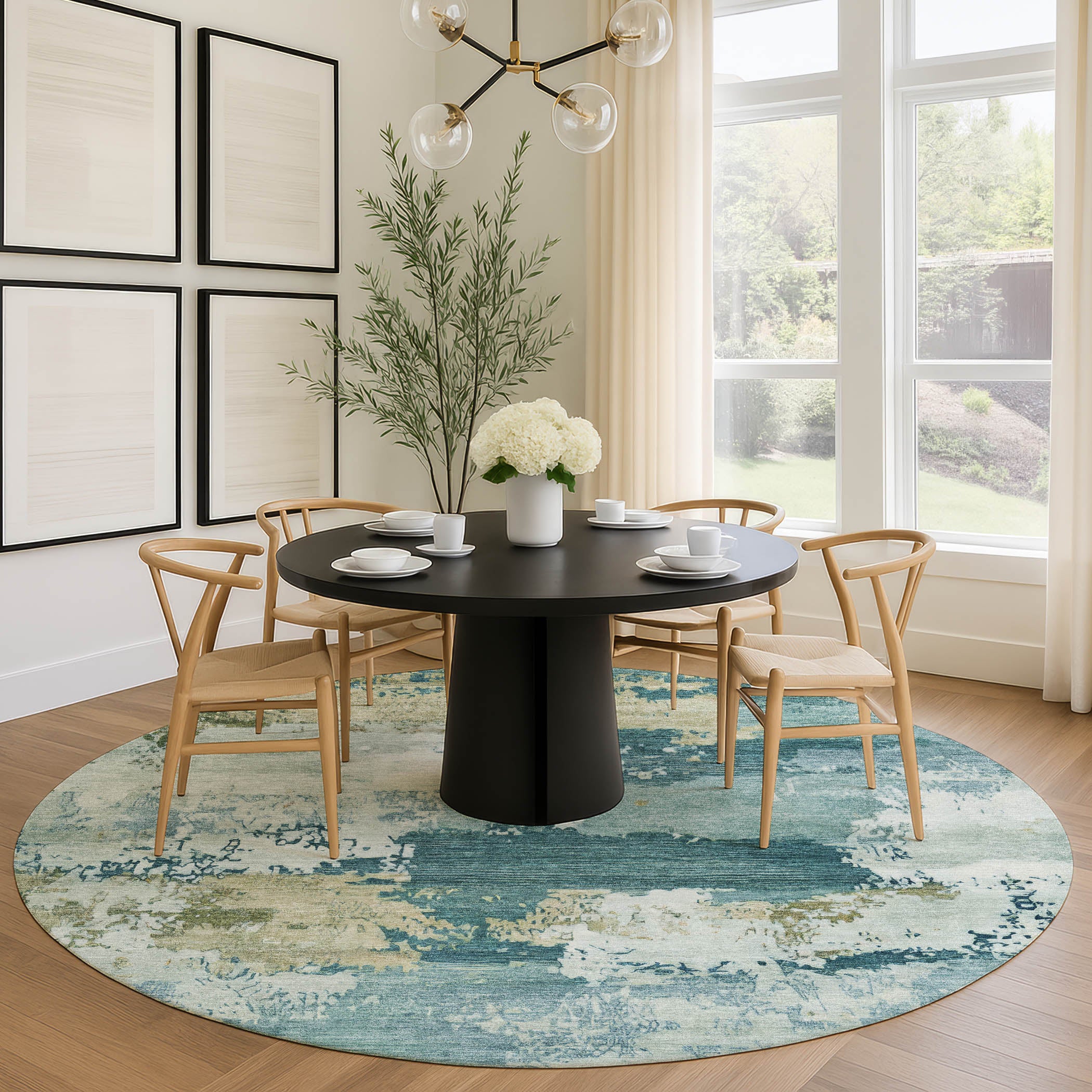 Colombo Machine Washable Transitional Teal Rug 8' x 8' #shape_Round