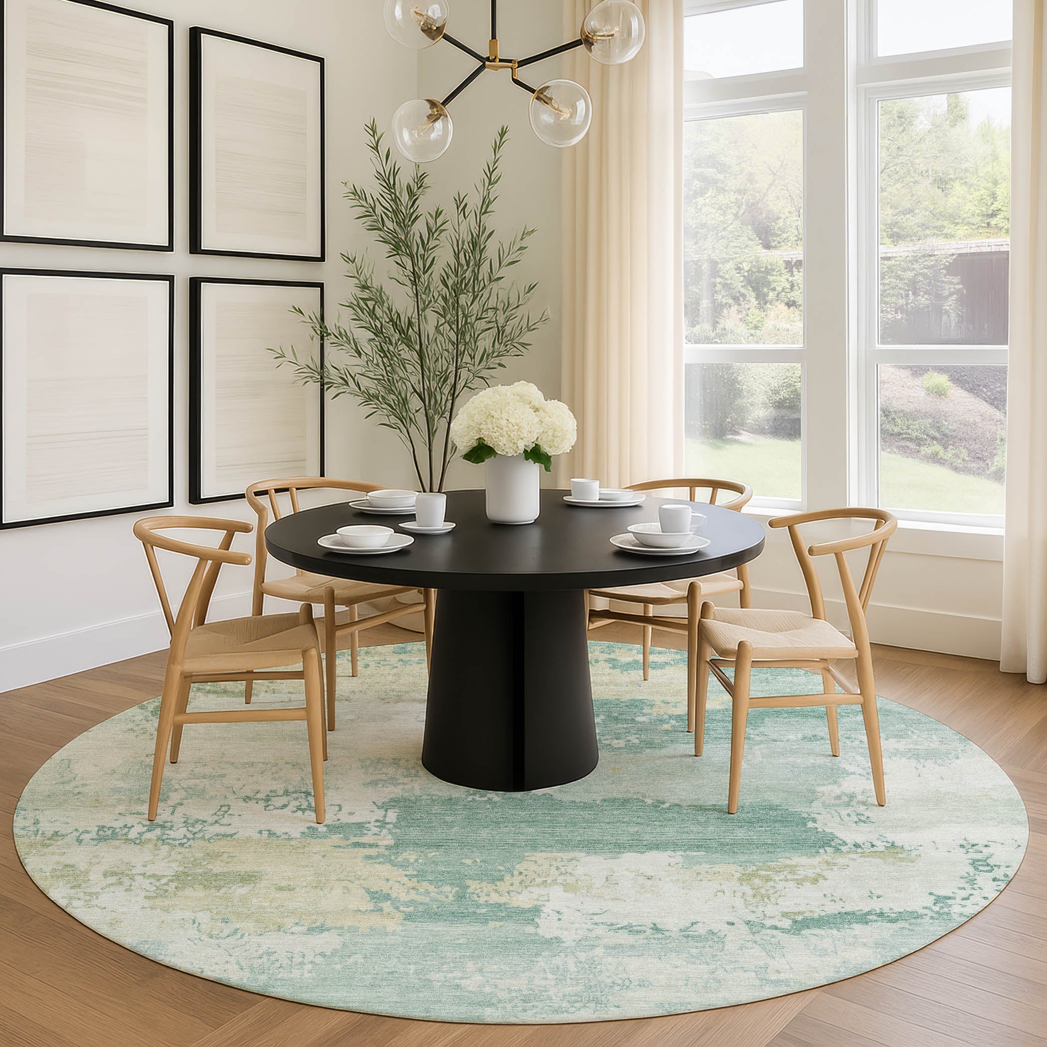 Colombo Machine Washable Transitional Turquoise Teal Rug 8' x 8' #shape_Round